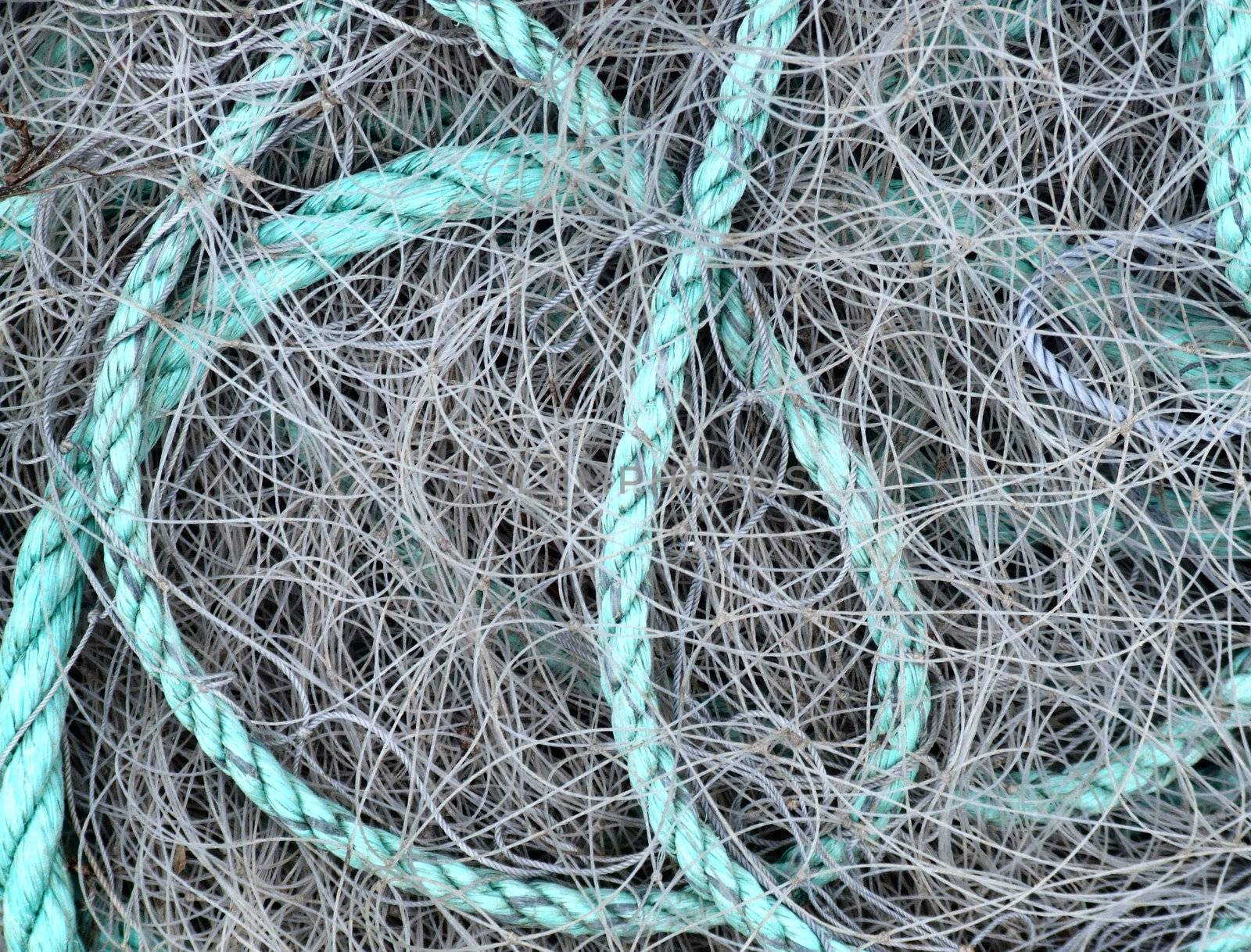 Drying fishing net close-up. Food industry.