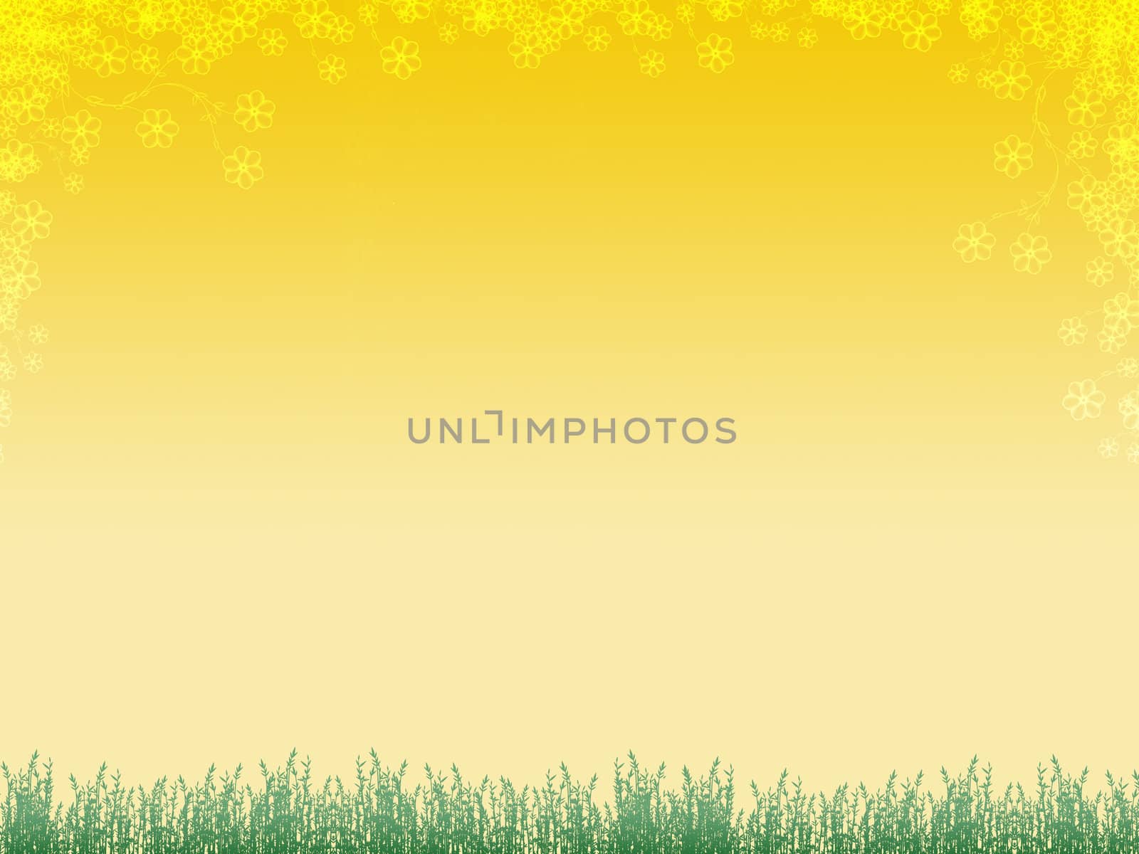 Background with green grass and yellow flowers.