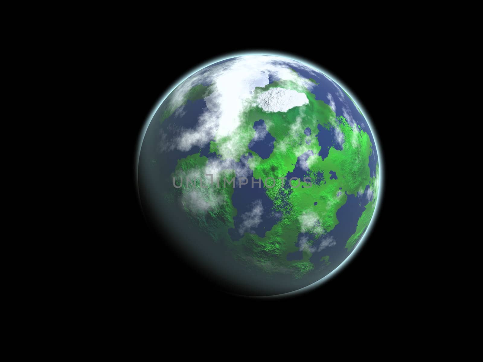 Green planet with clouds, land and water against black background.