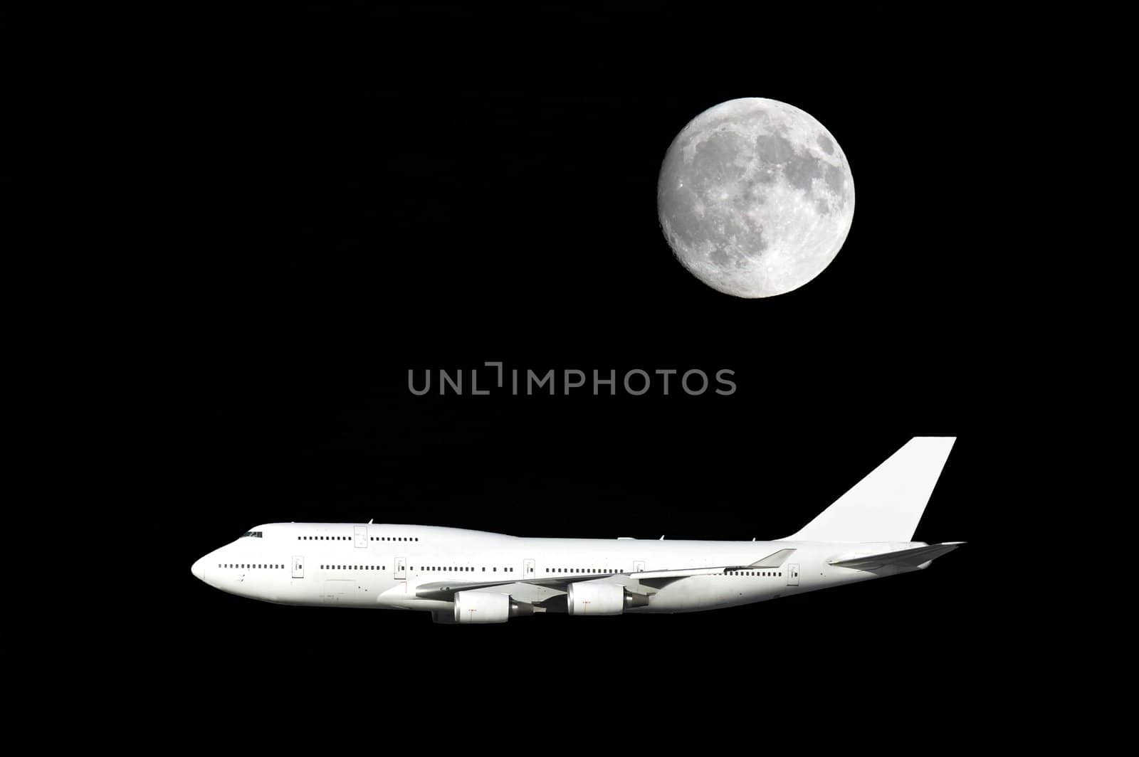 Large airliner flying under a full moon.