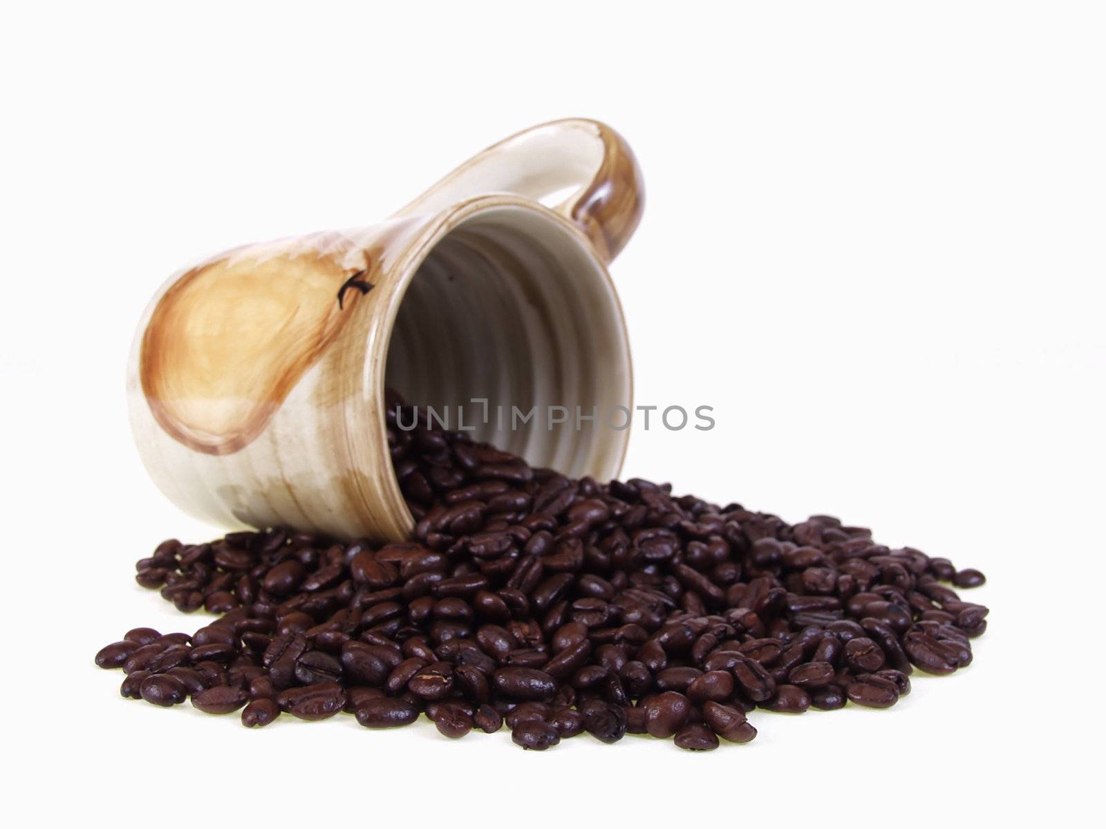 A tan coffee cup lays on it's side, dark roasted coffee beans spilling out of it. Over a white background with space for text.