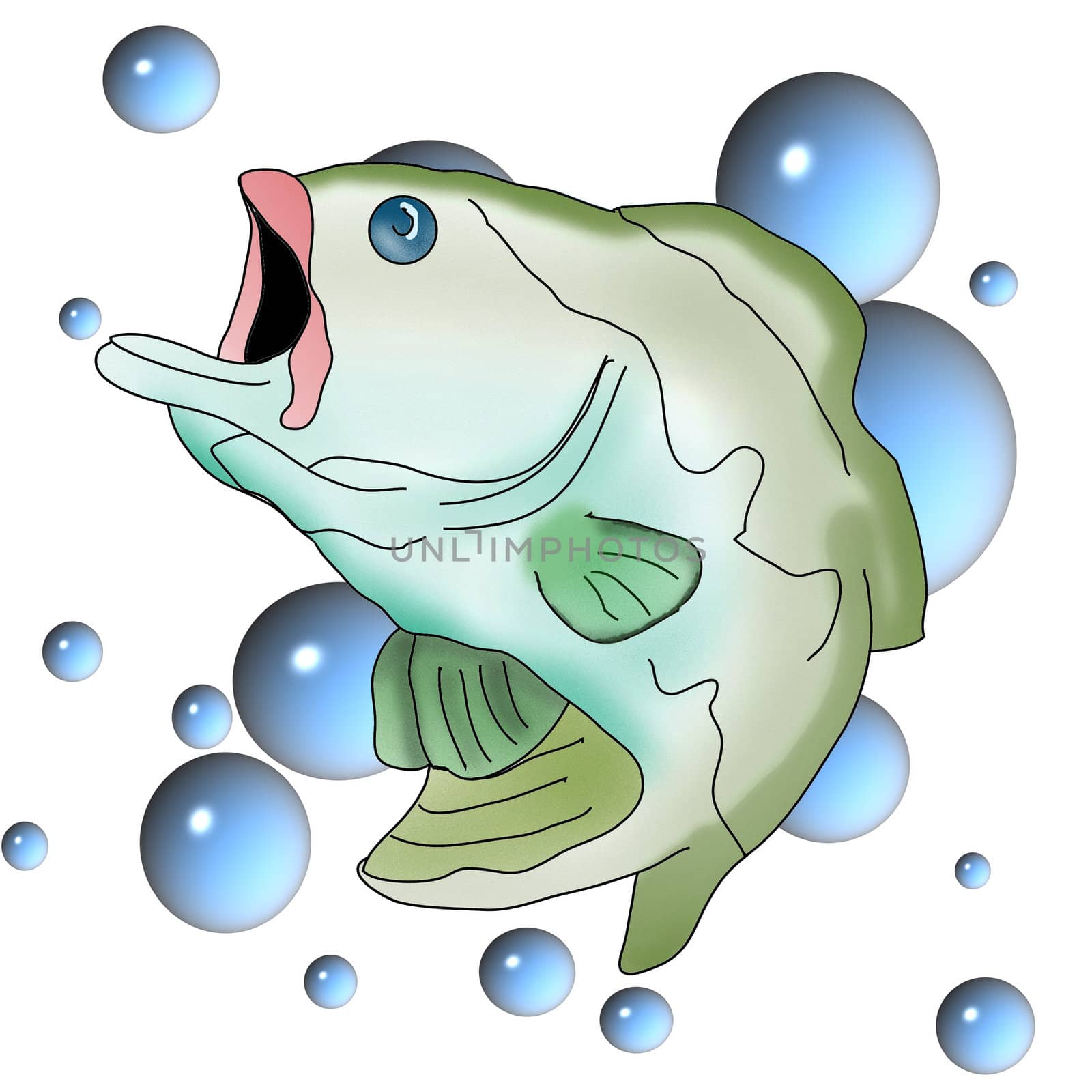 Colorful Illustration of a green bass against a background of blue bubbles.