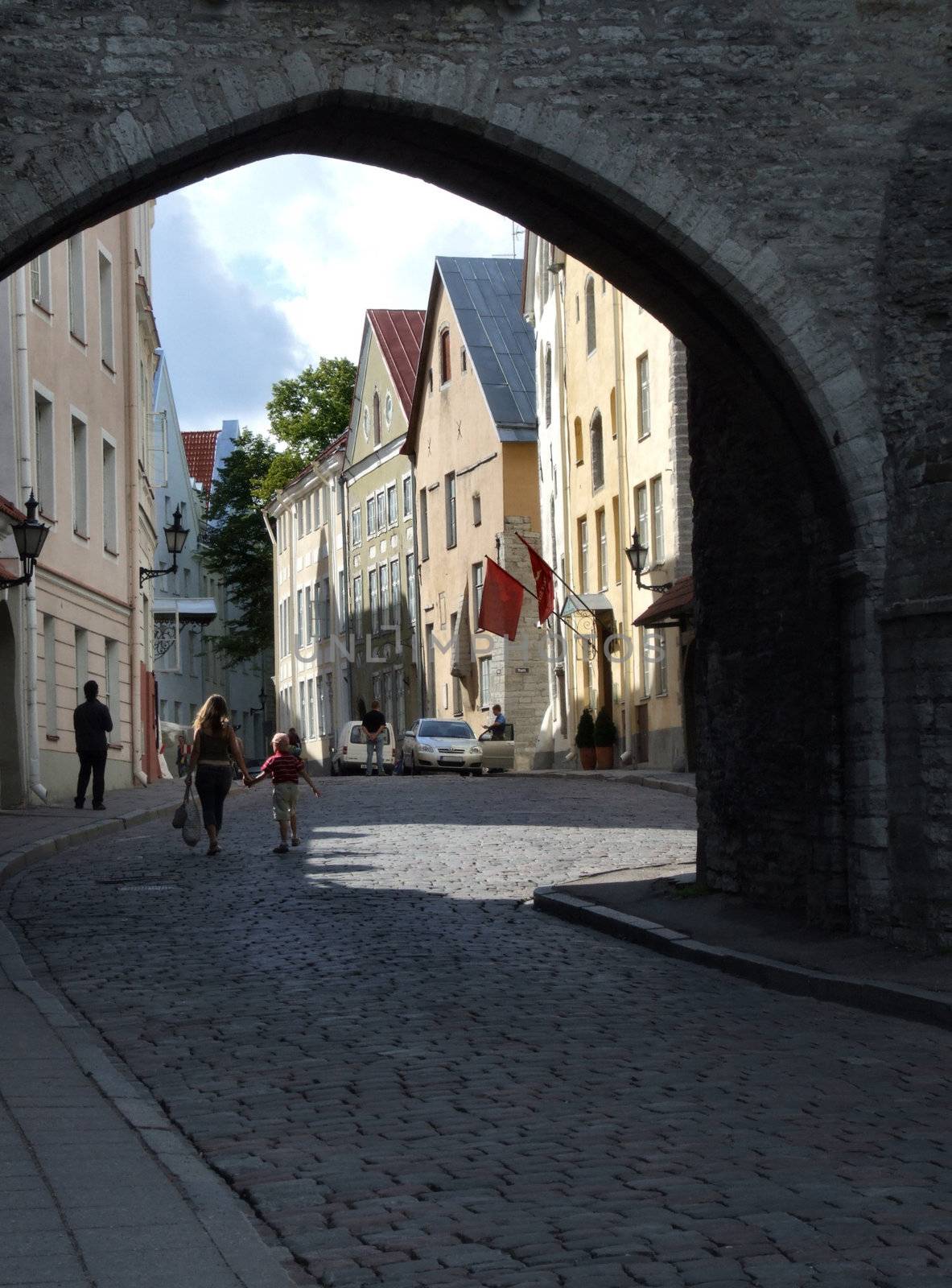 Tallinn city walls - entrance gate. Beautiful architecture of Estonian capital city.