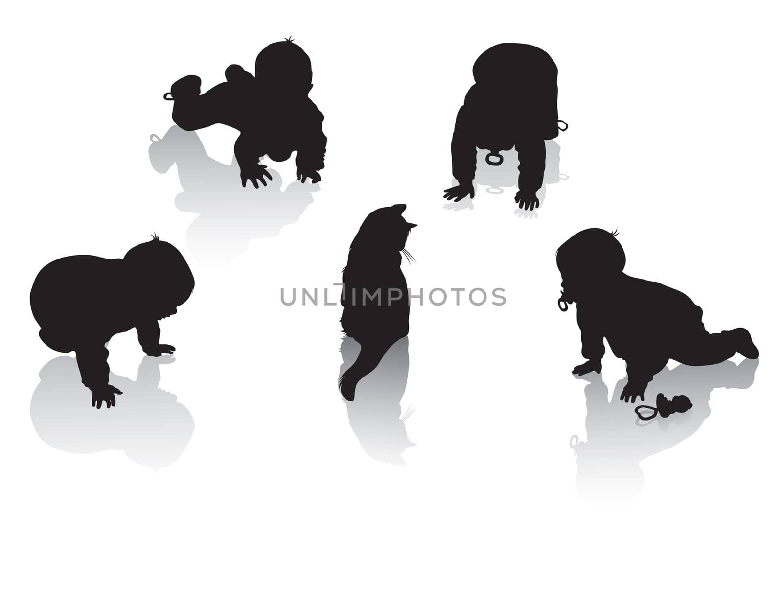 silhouettes of children with cat in the center