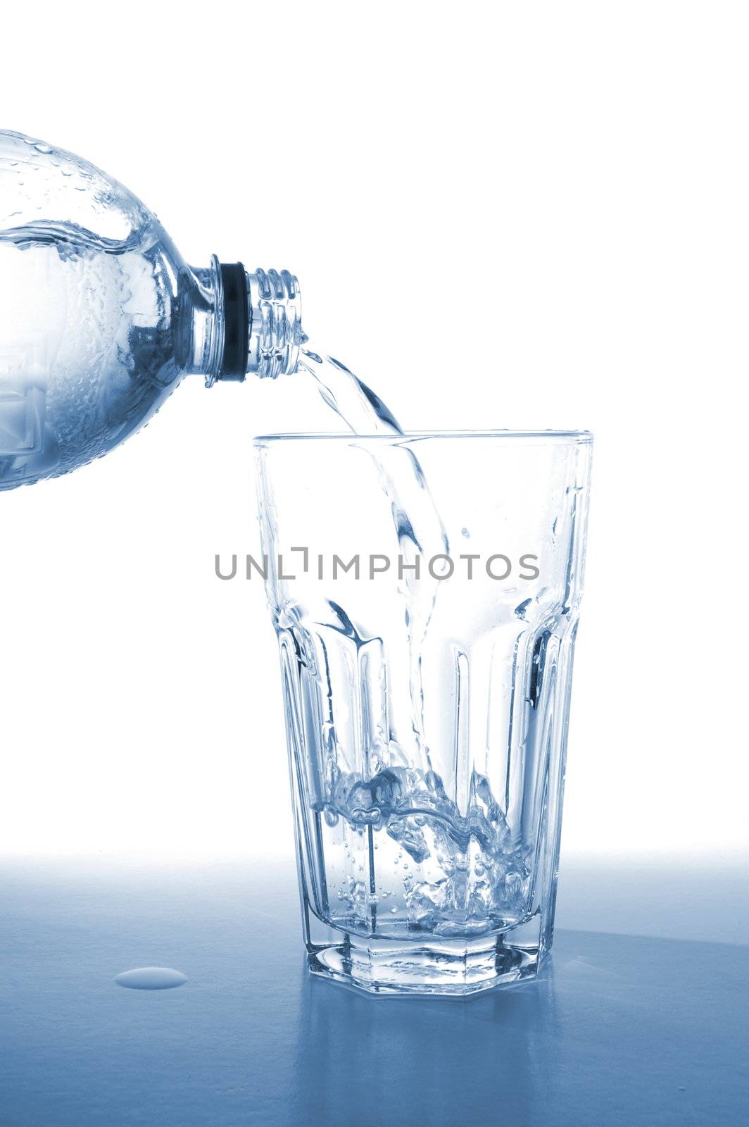 glass of water and bottle with copyspace