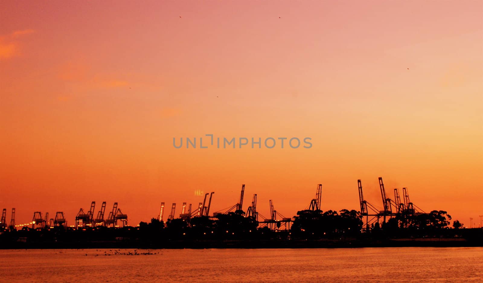 Long Beach Harbour Skyline at sunset with cranes and ships in silhouette