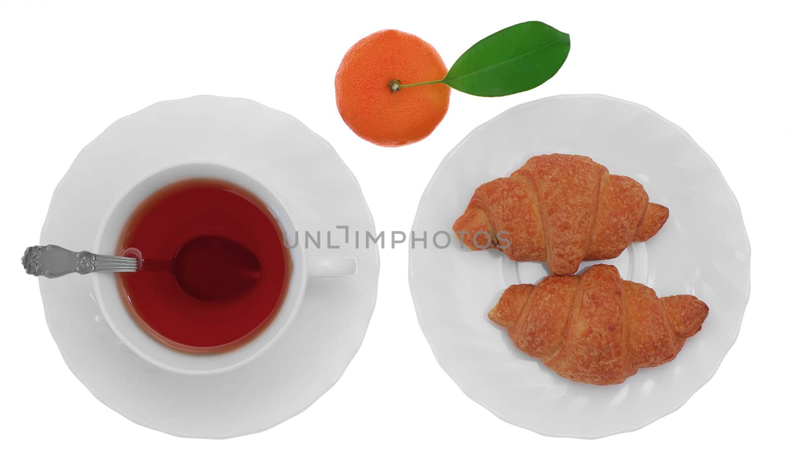 cup of tea with croissant and tangerine isolated on white background