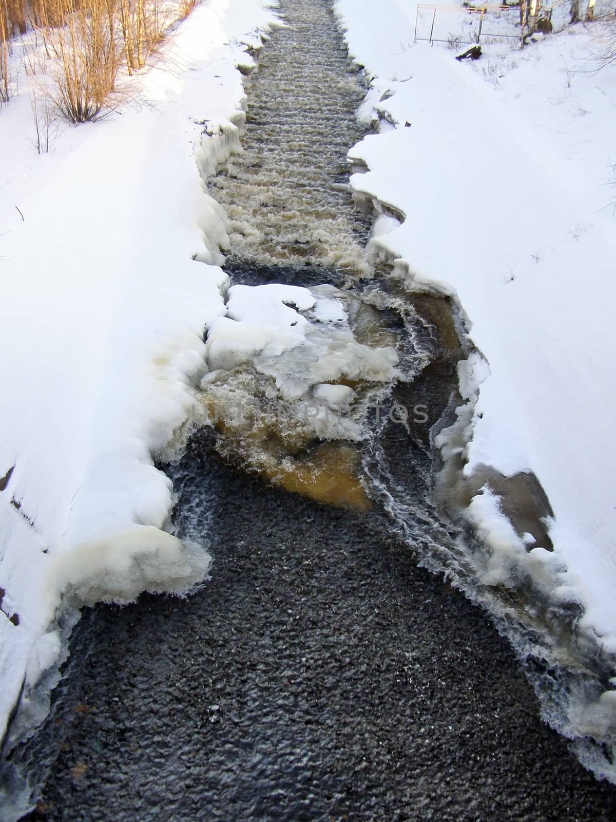 stream of water run through the snow and ice