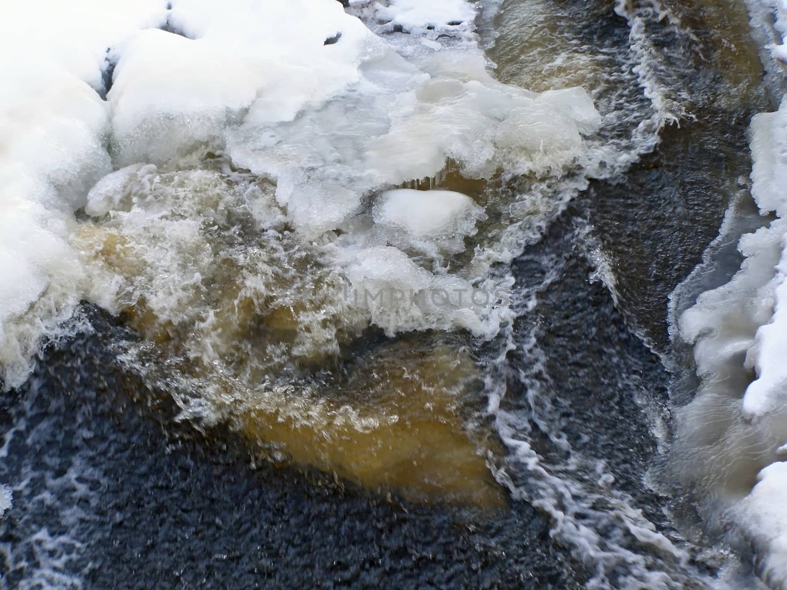 stream of water run through the snow and ice