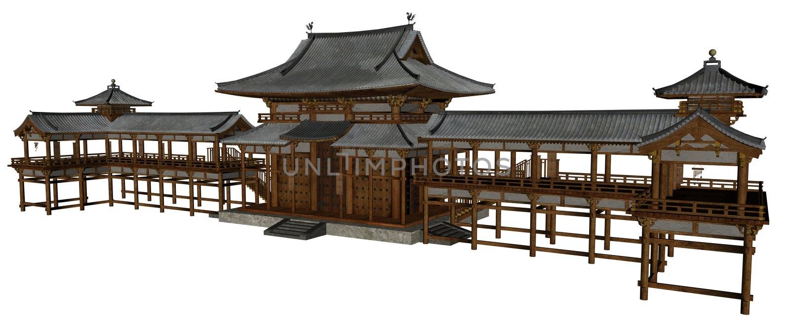 3D rendered buddhist temple on white background isolated