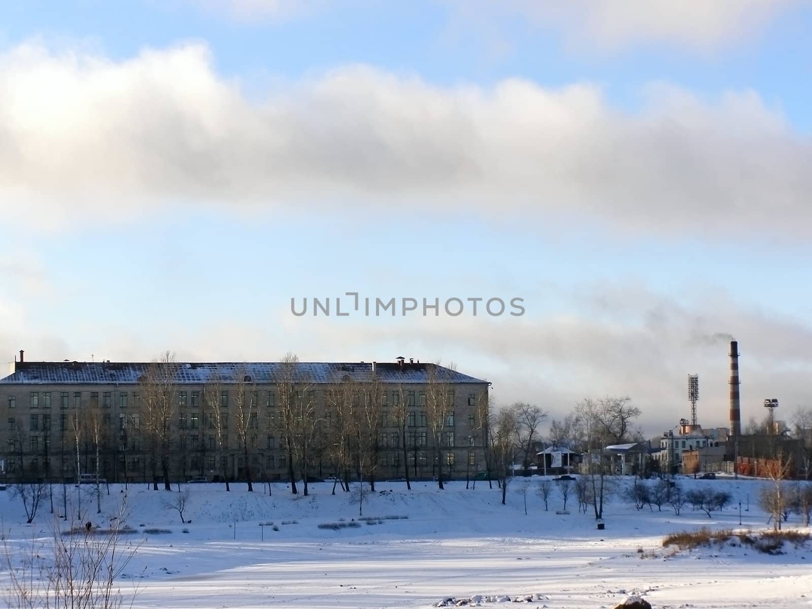 Winter view of the industrial town buildings 