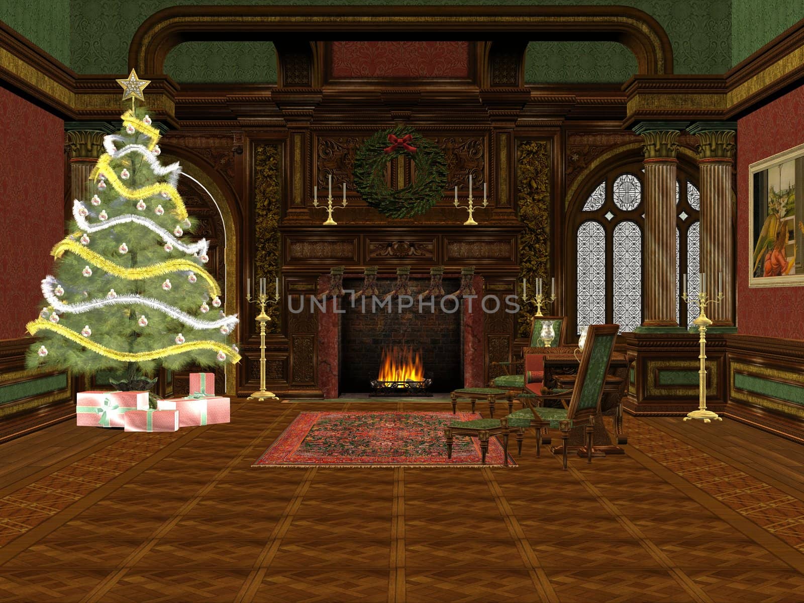 3D rendered christmas room with tree, presents and decorations