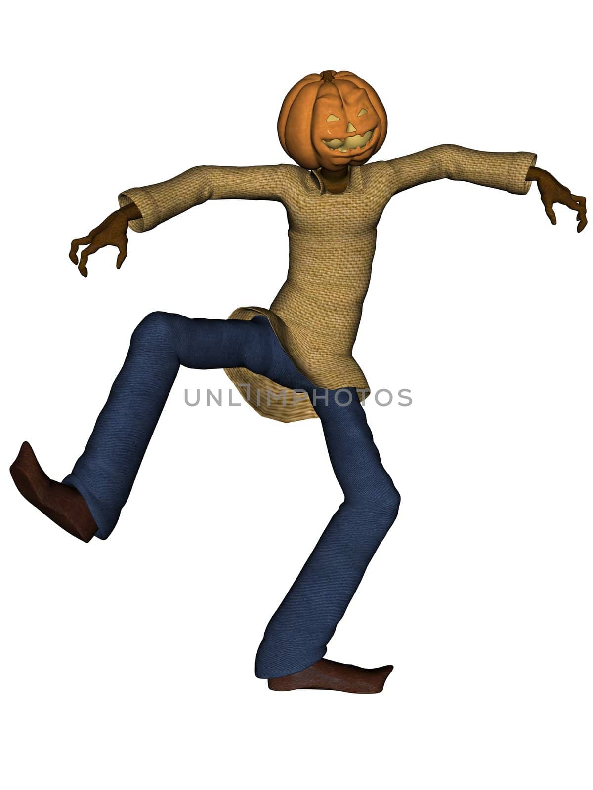 3D rendered Helloween man with pumpkin head isolated on white background