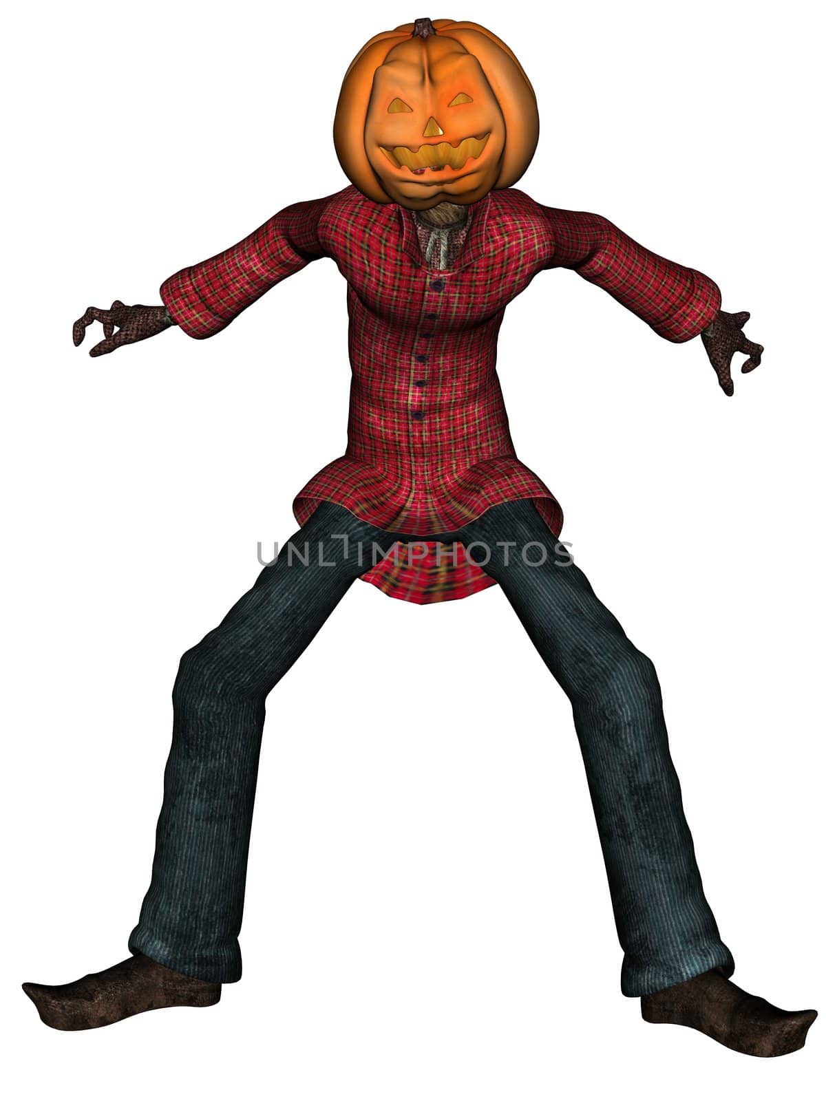 3D rendered Helloween man with pumpkin head isolated on white background