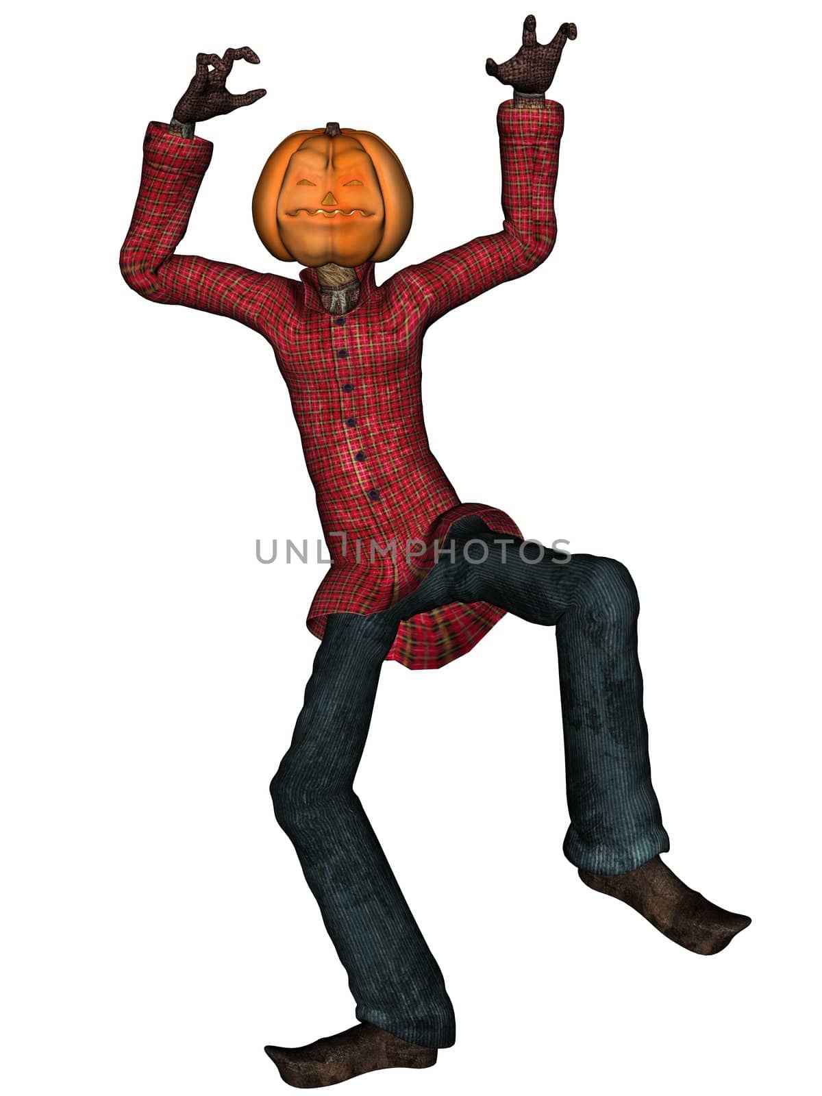 3D rendered Helloween man with pumpkin head isolated on white background