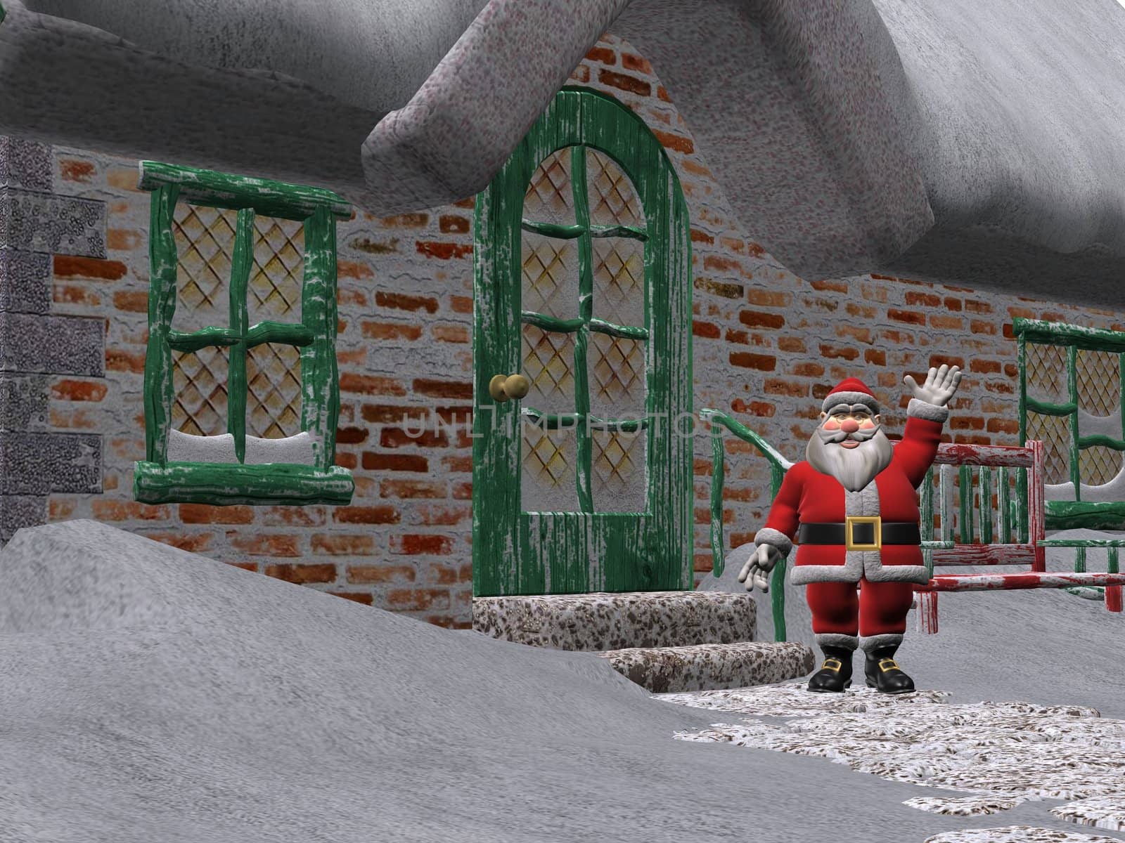 3D rendered Santa Claus outside his house