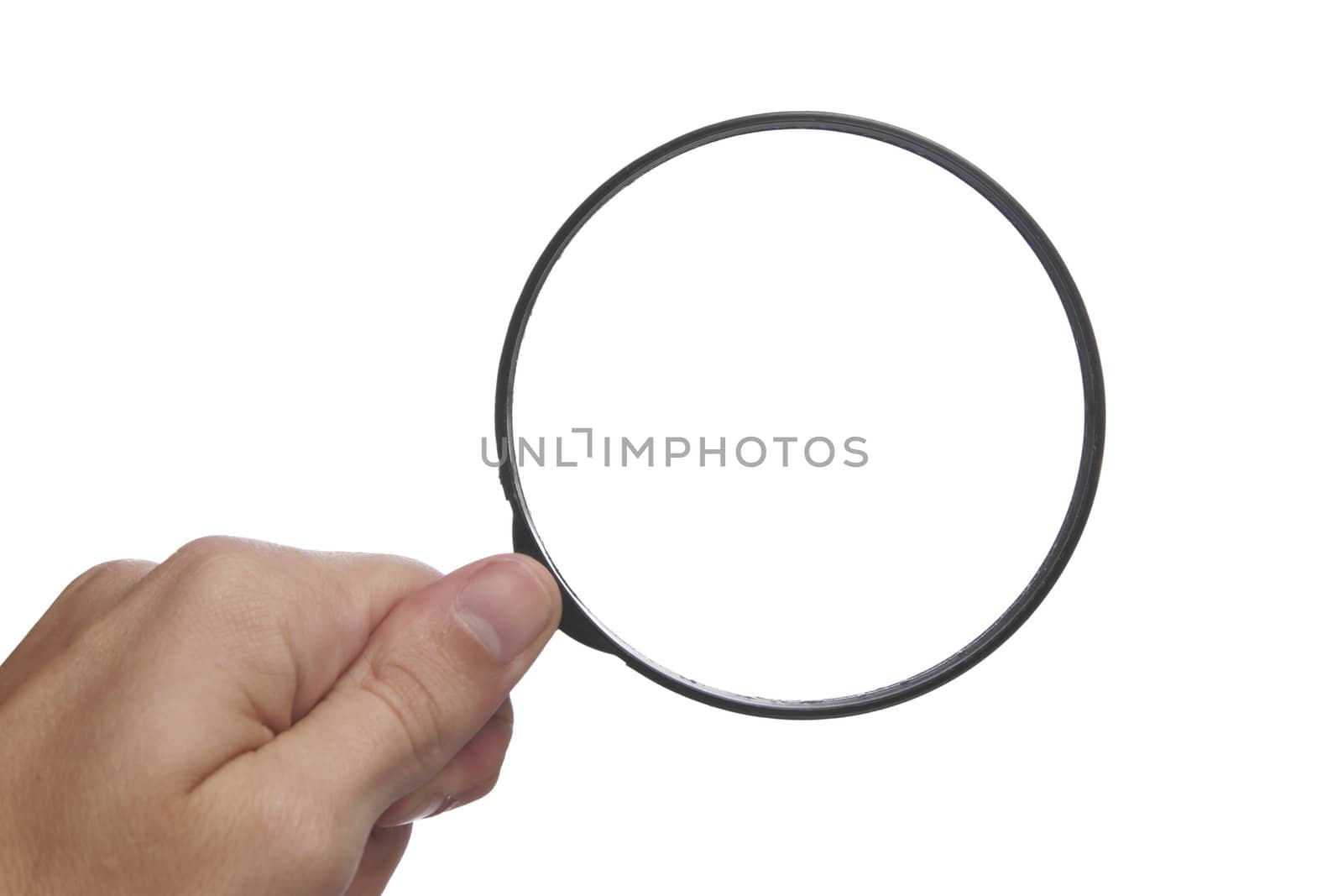 Hand And Top Of A Simple Black Magnifying Glass Over White Background