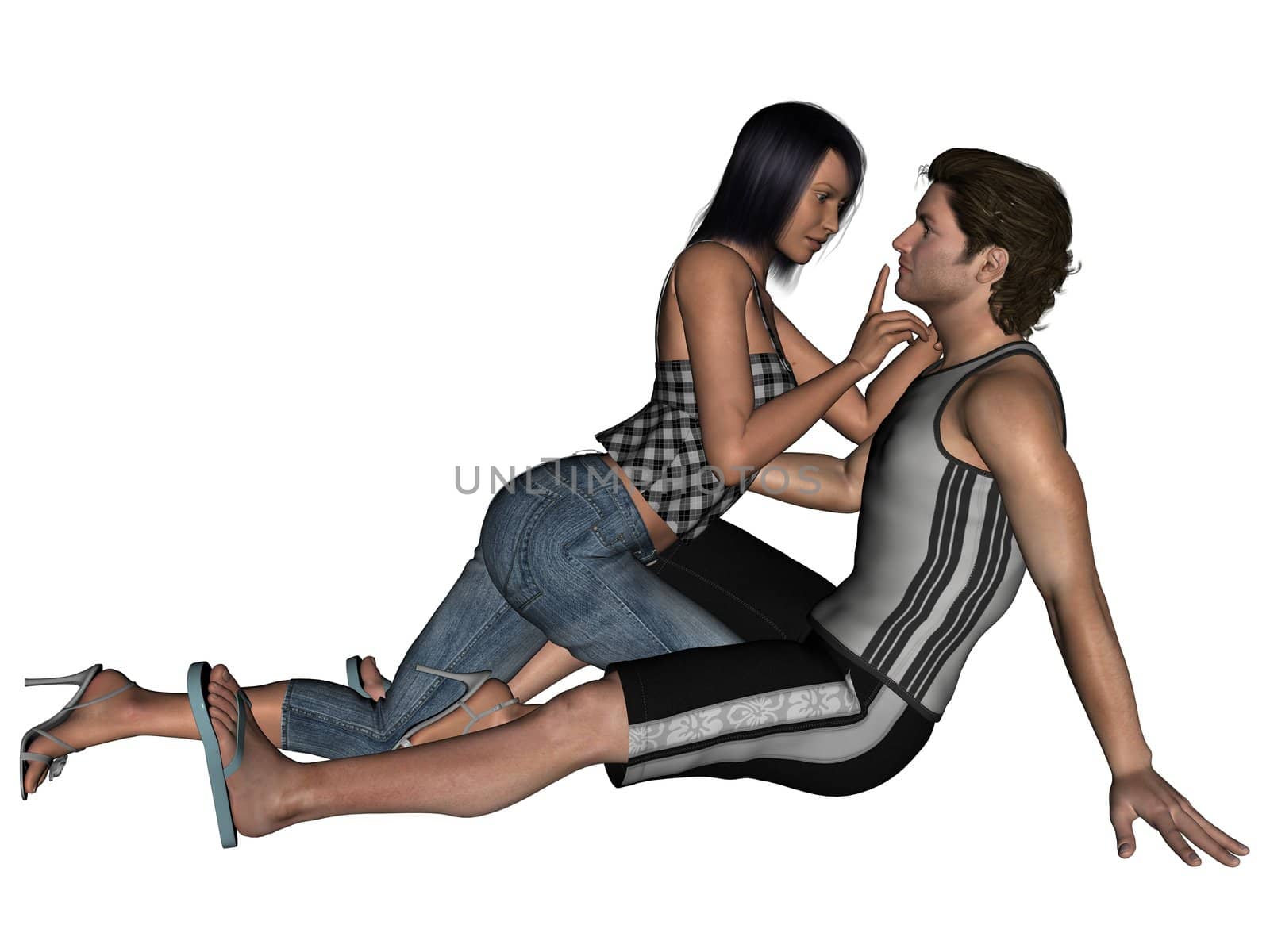 3D rendering image of lovers on together poses rendered on white background isolated