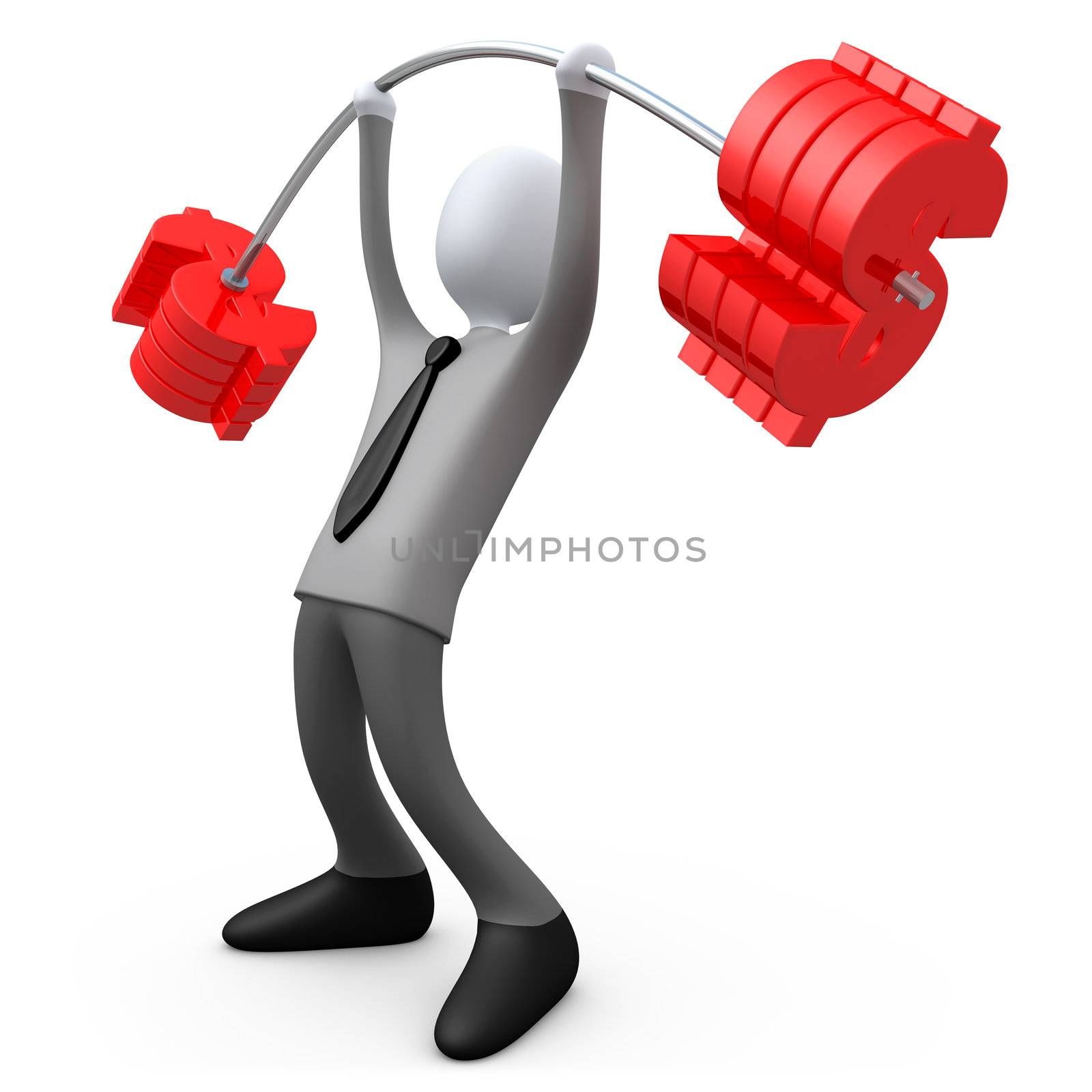 3d business person lifting dollar-shaped weights .