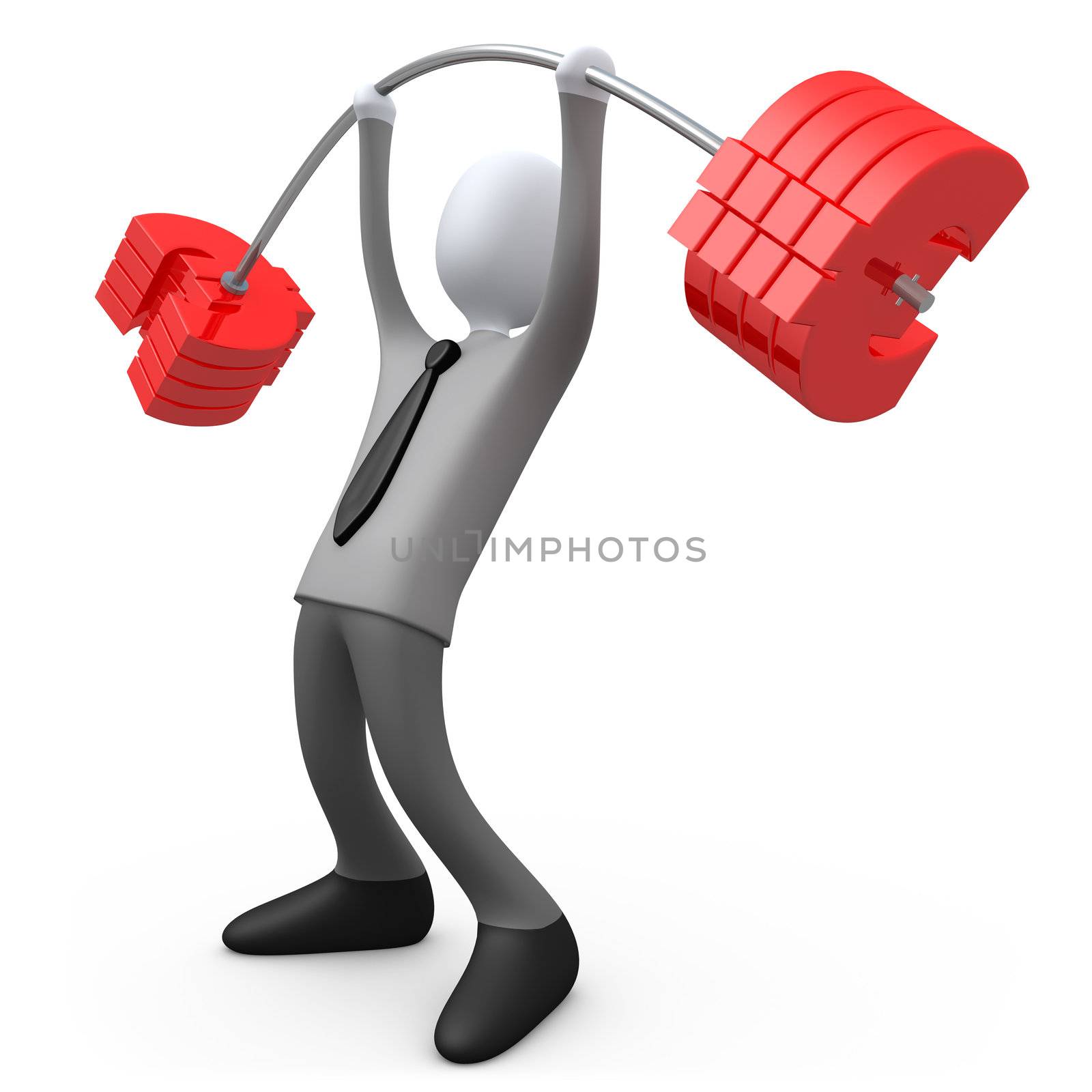 3d business person lifting euro-shaped weights .