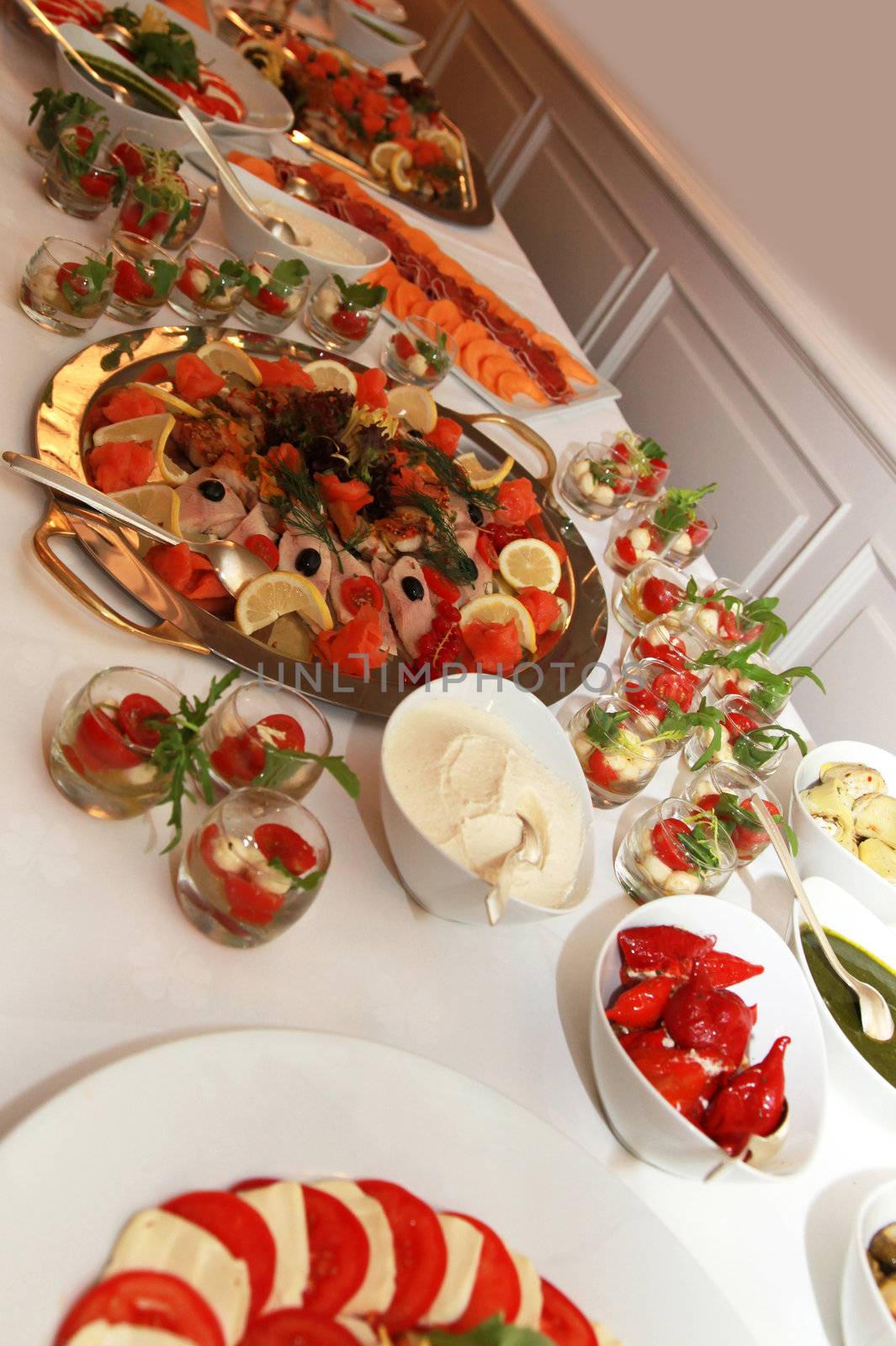 buffet with fish and tomato