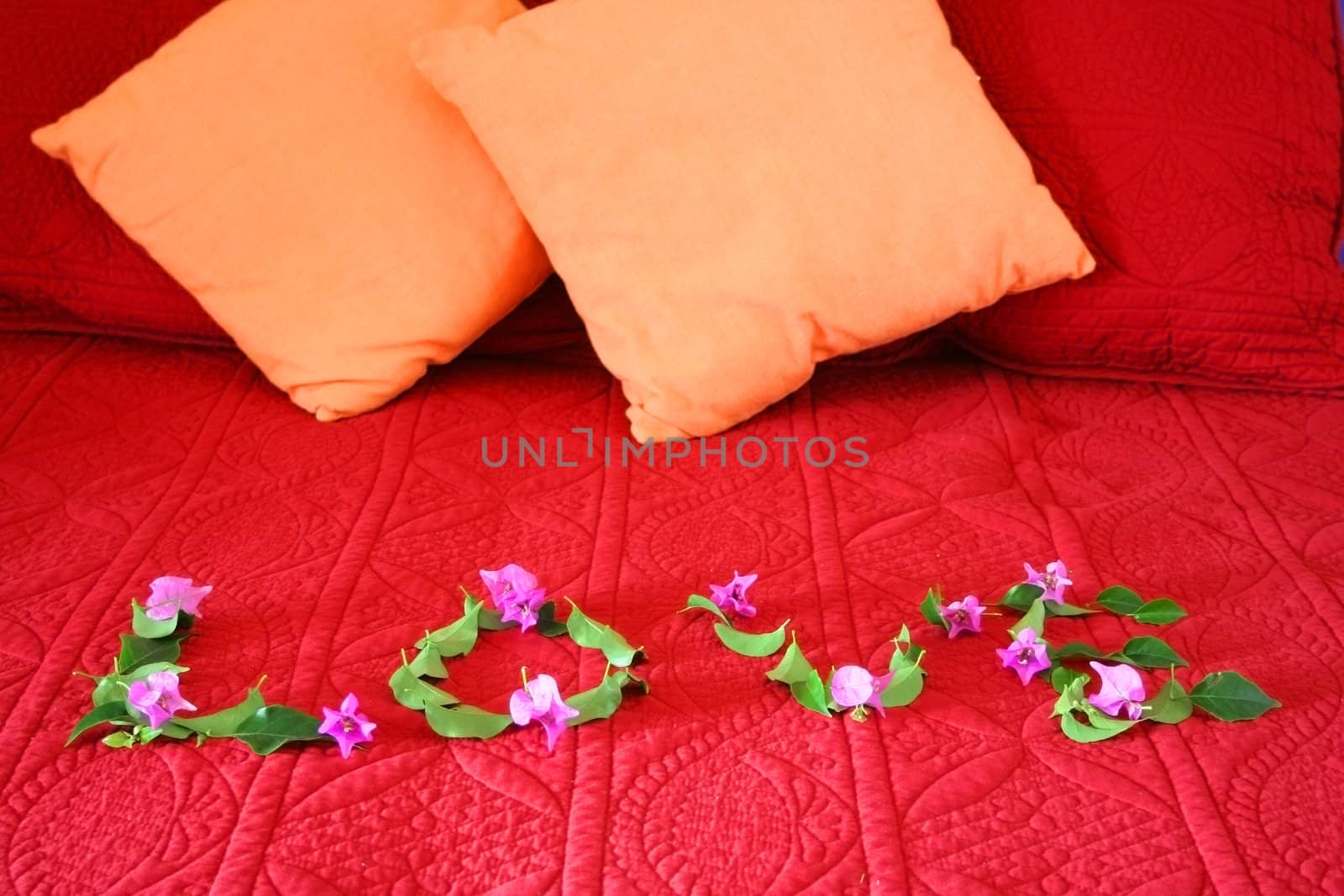 Love spelled out with flowers on bed