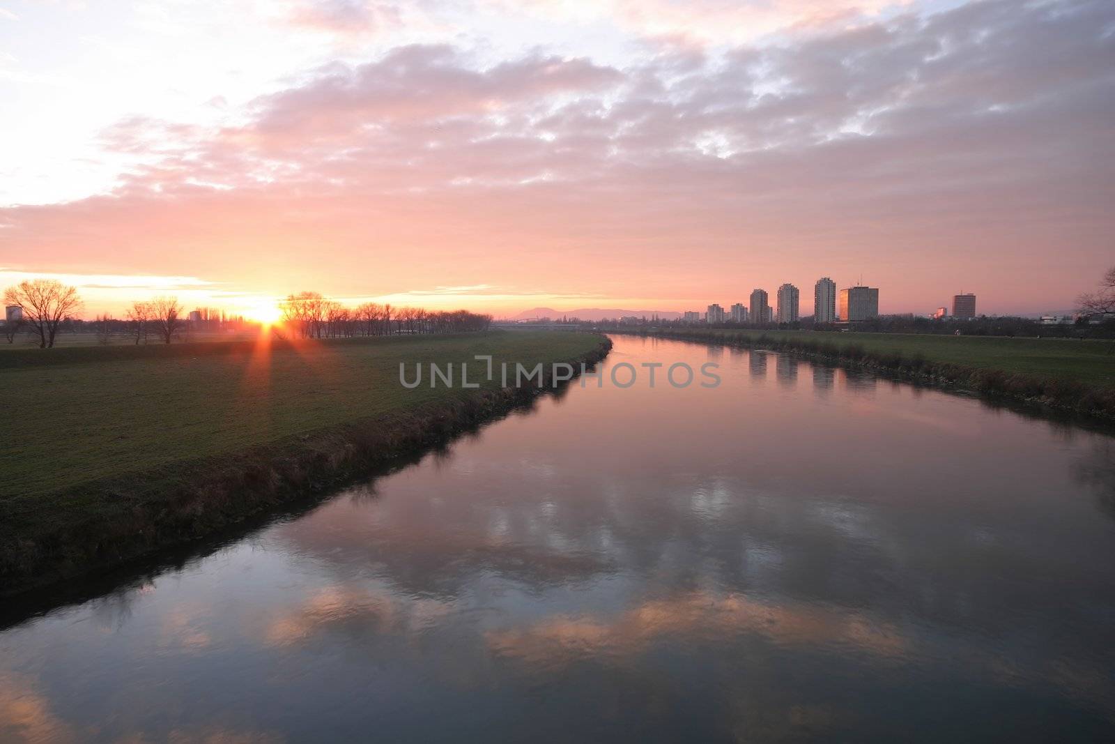 Sunset at Zagreb over river Sava