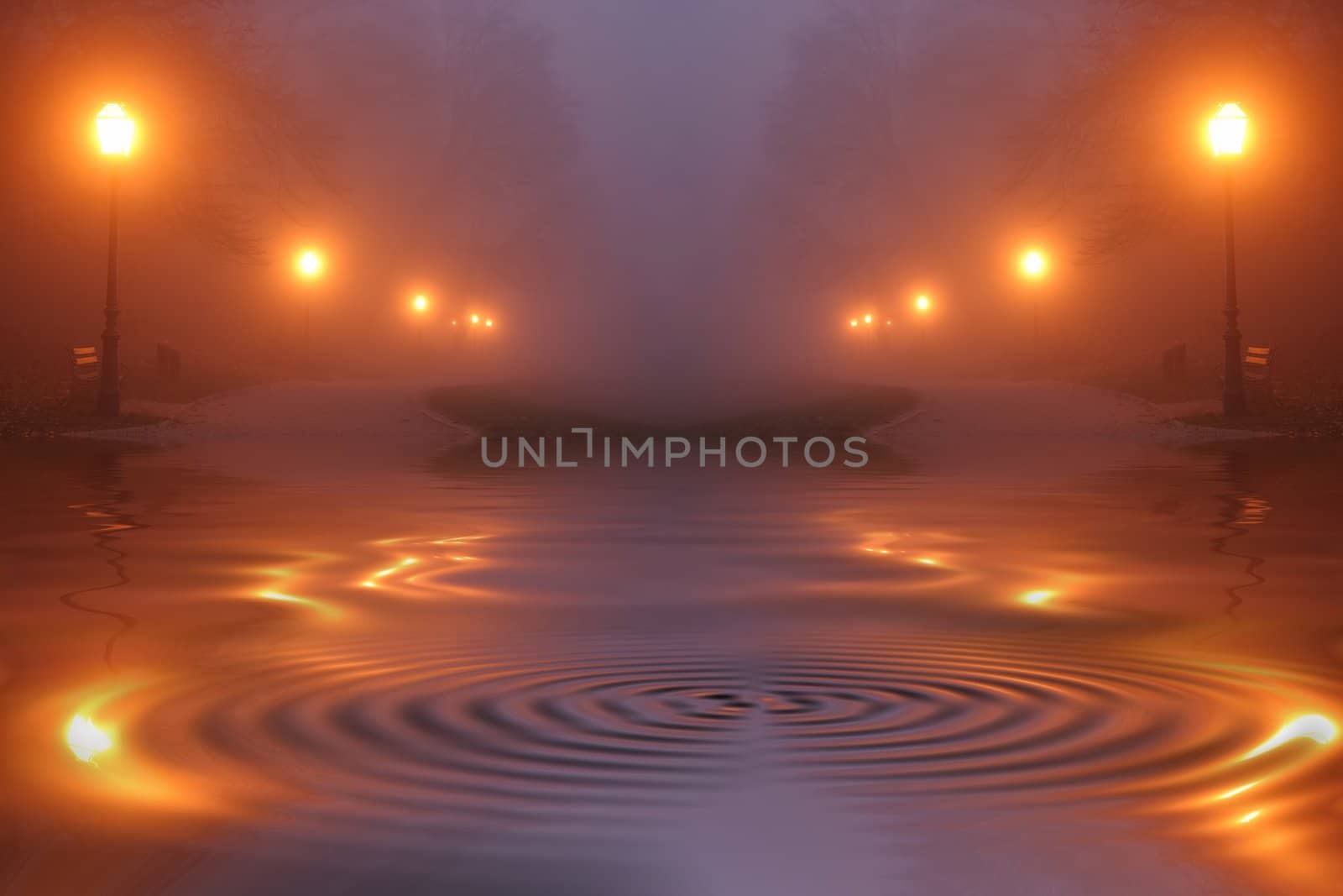 Street lights in fog at night