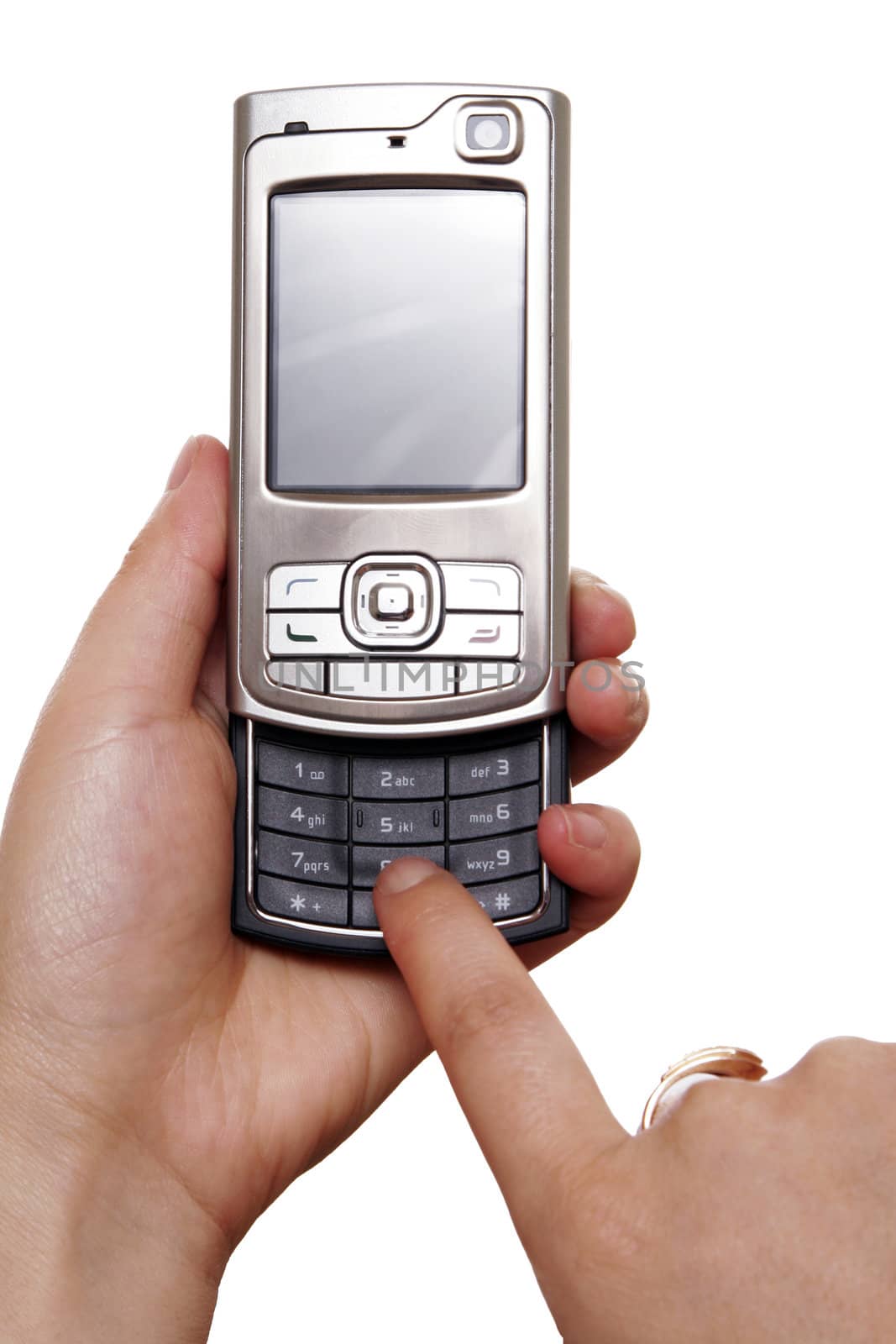 Modern Small Silver Mobile Phone And Hands On A White Background