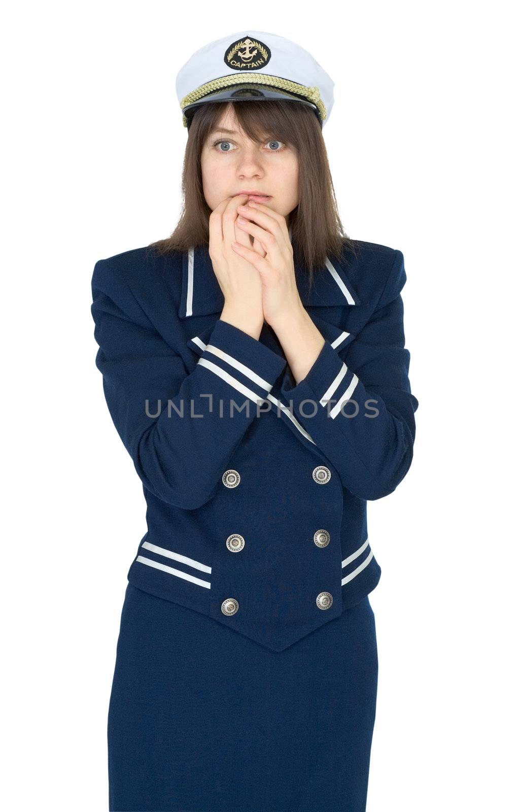 Scared beautiful woman in a uniform of the sea captain isolated on a white background