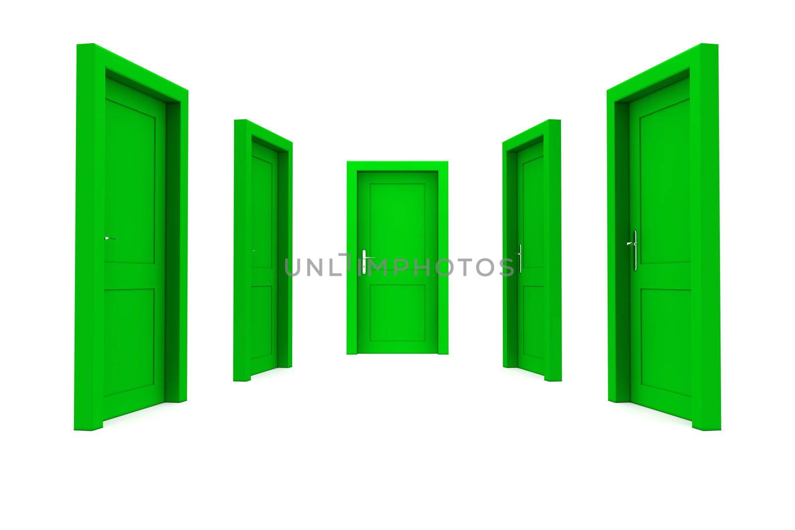 abstract hallway with five green closed doors