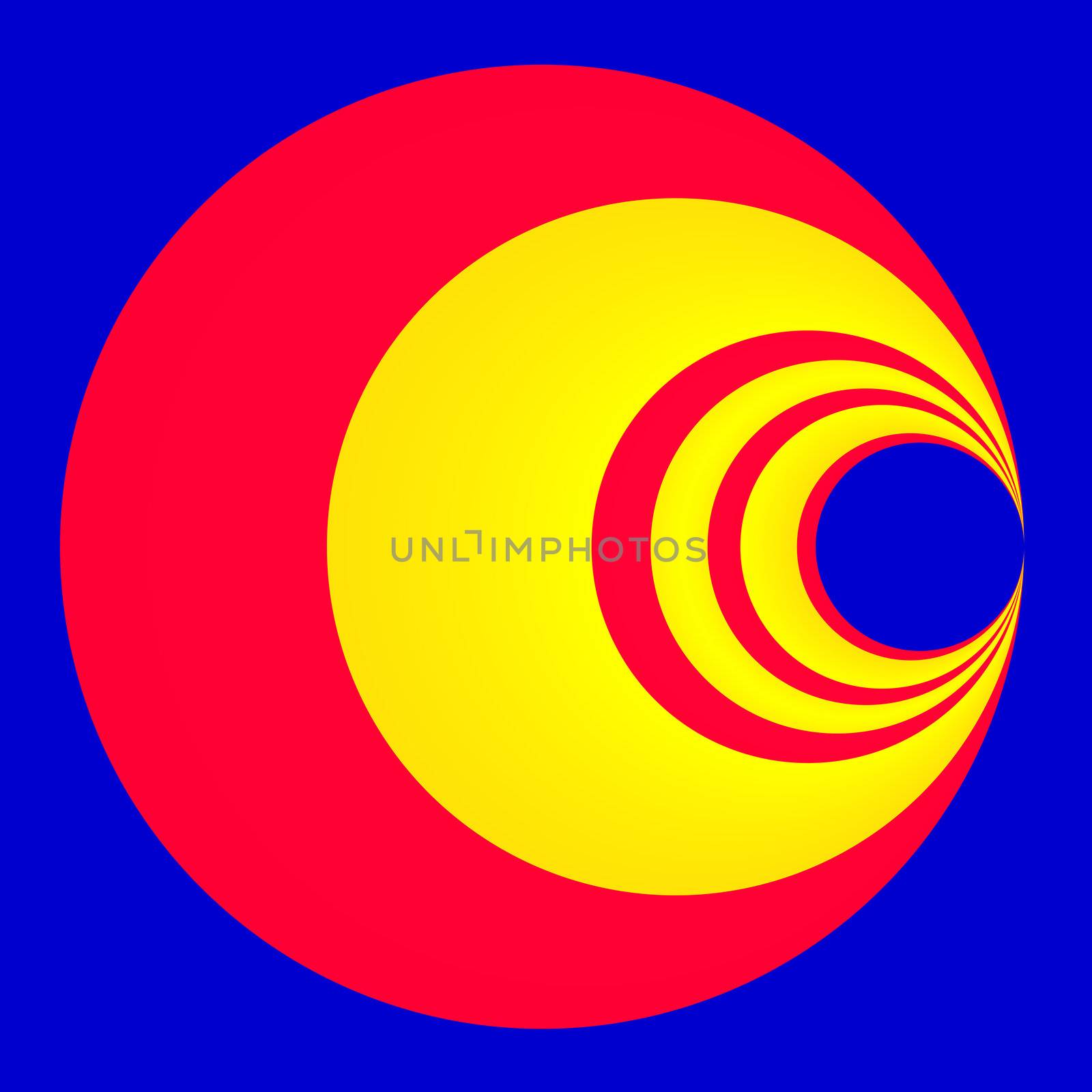 An abstract fractal of red and yellow circles on a blue background.