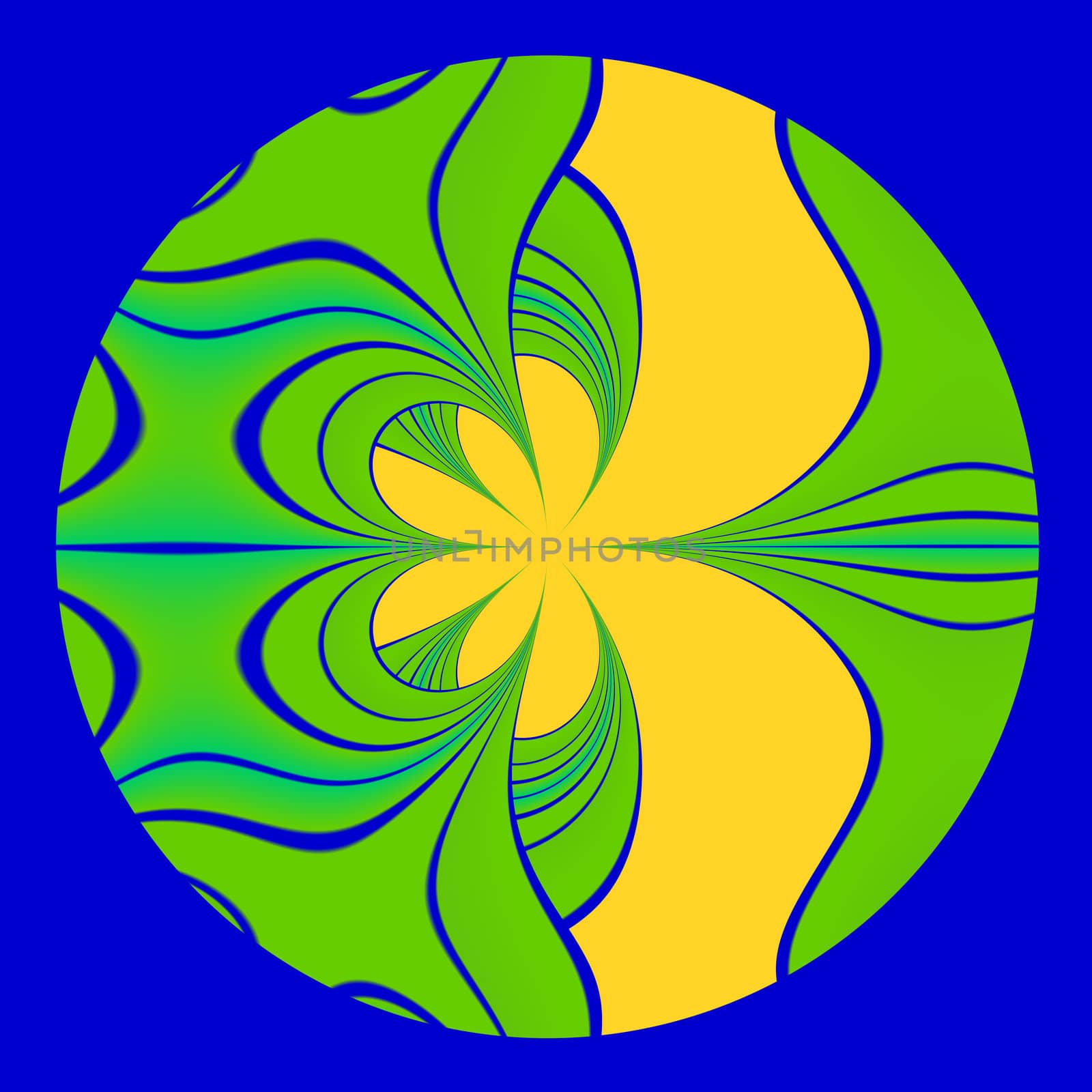 An abstract fractal done in a green and yellow pattern on a blue background.