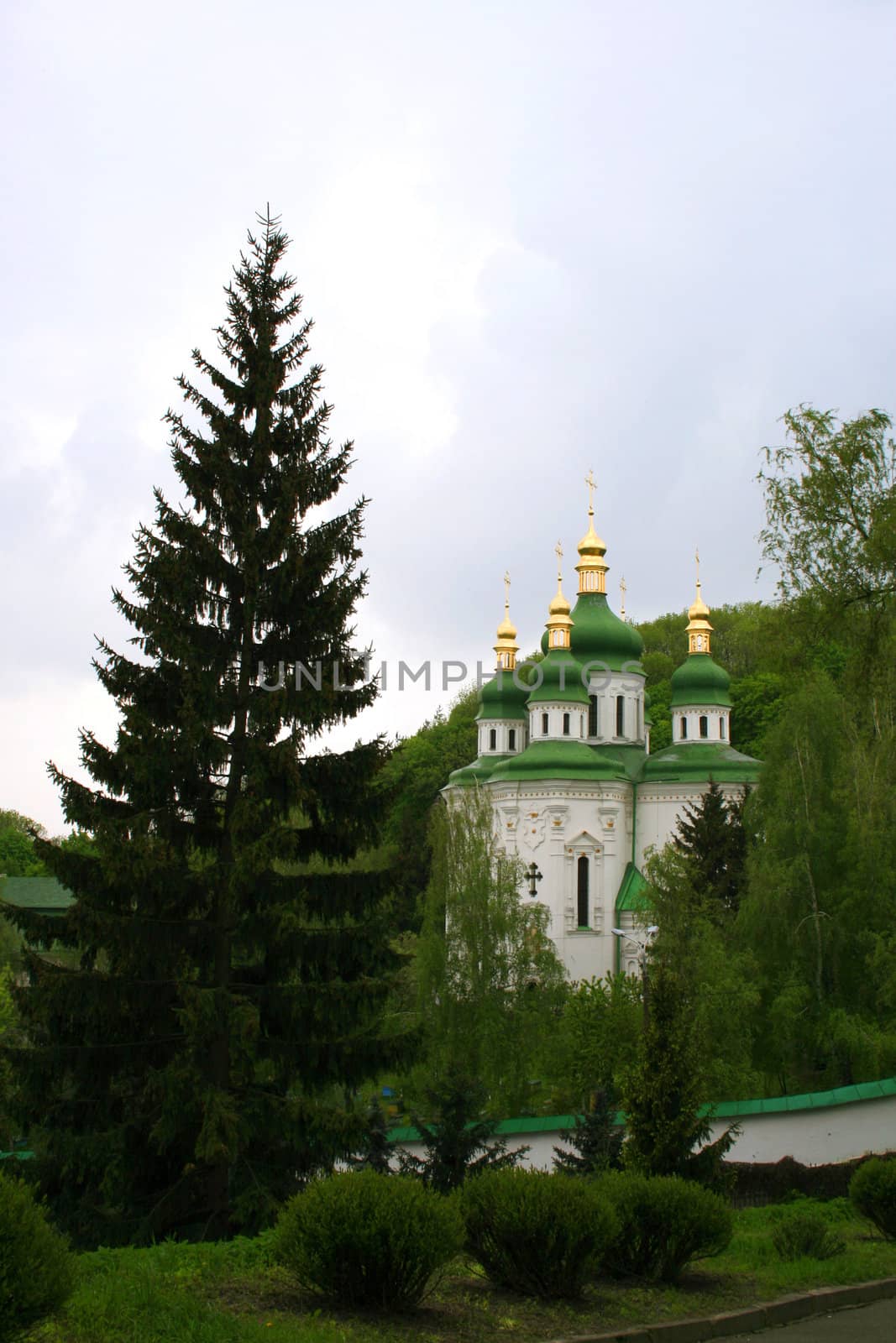 Vydubetskiy monastery in Kiev town, Ukraine, church, architecture monument.