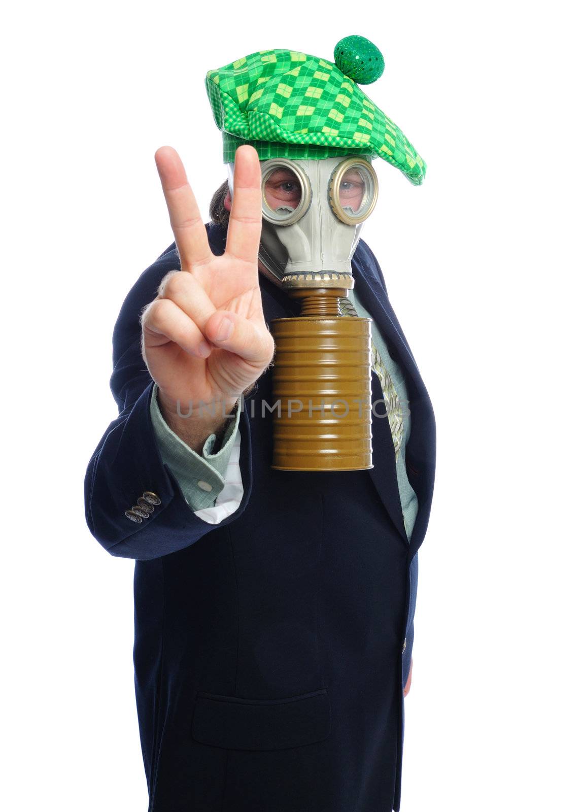 Man wearing a suit and gas mask on a white background