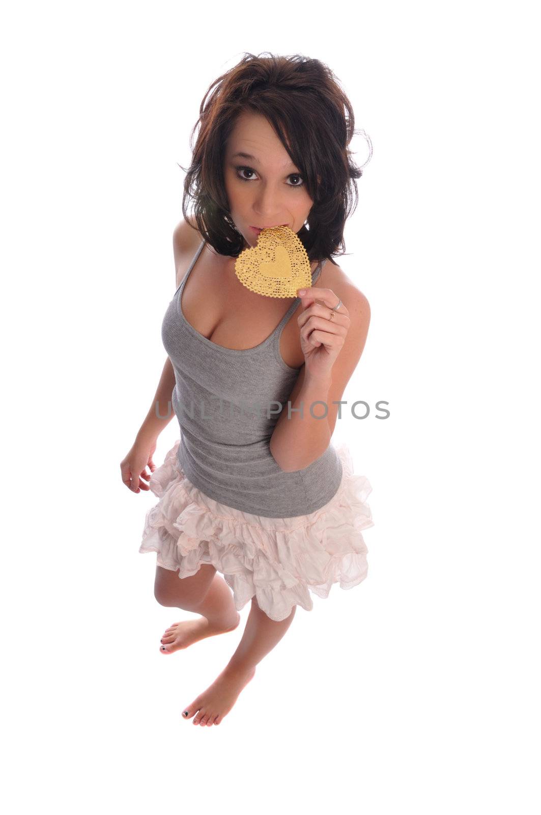 an attractive young woman on a white background