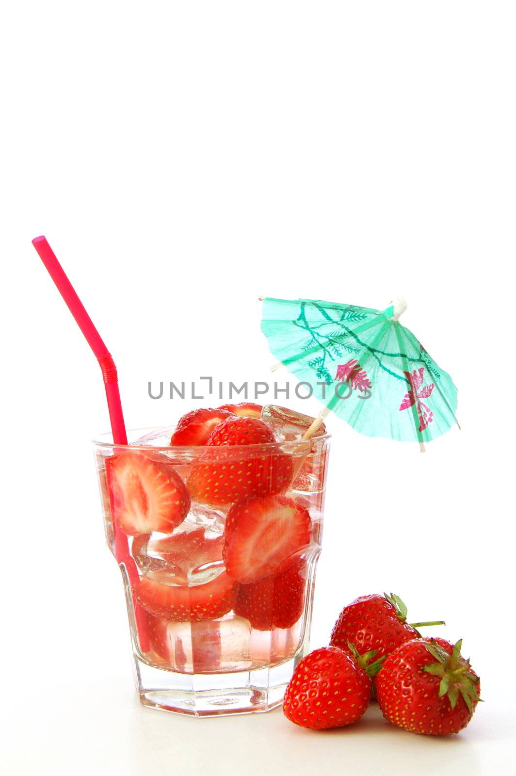 cool red strawberry summer beverage isolated on white