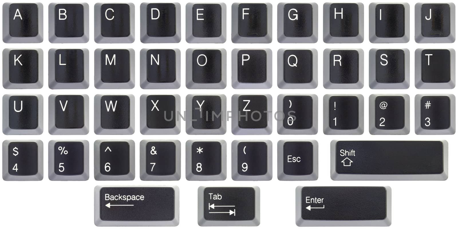 Isolated shot of computer keyboard keys on a white background.
