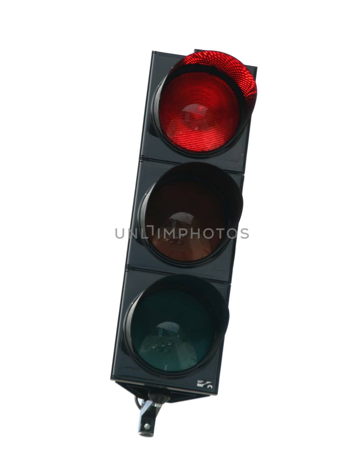 close-up photo of traffic lights, glowing red color to stop traffic, isolated on white