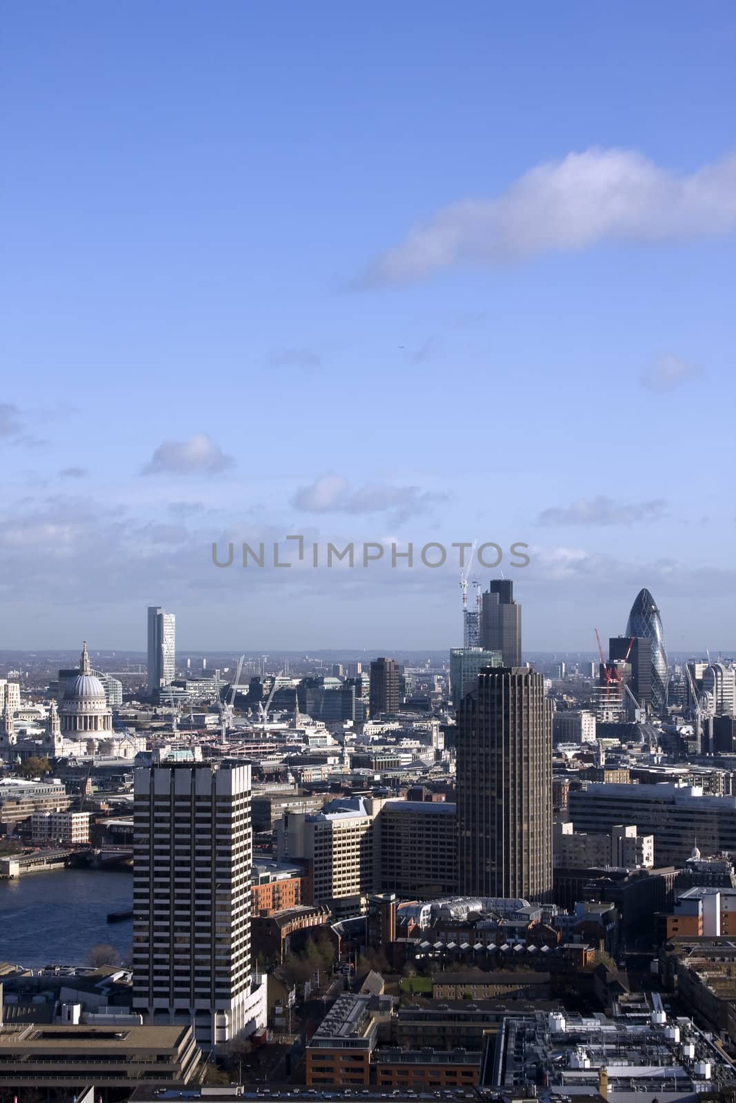 An aerial view of London showing St Paul's Cathedral, the Natwest Tower and the Gherkin
