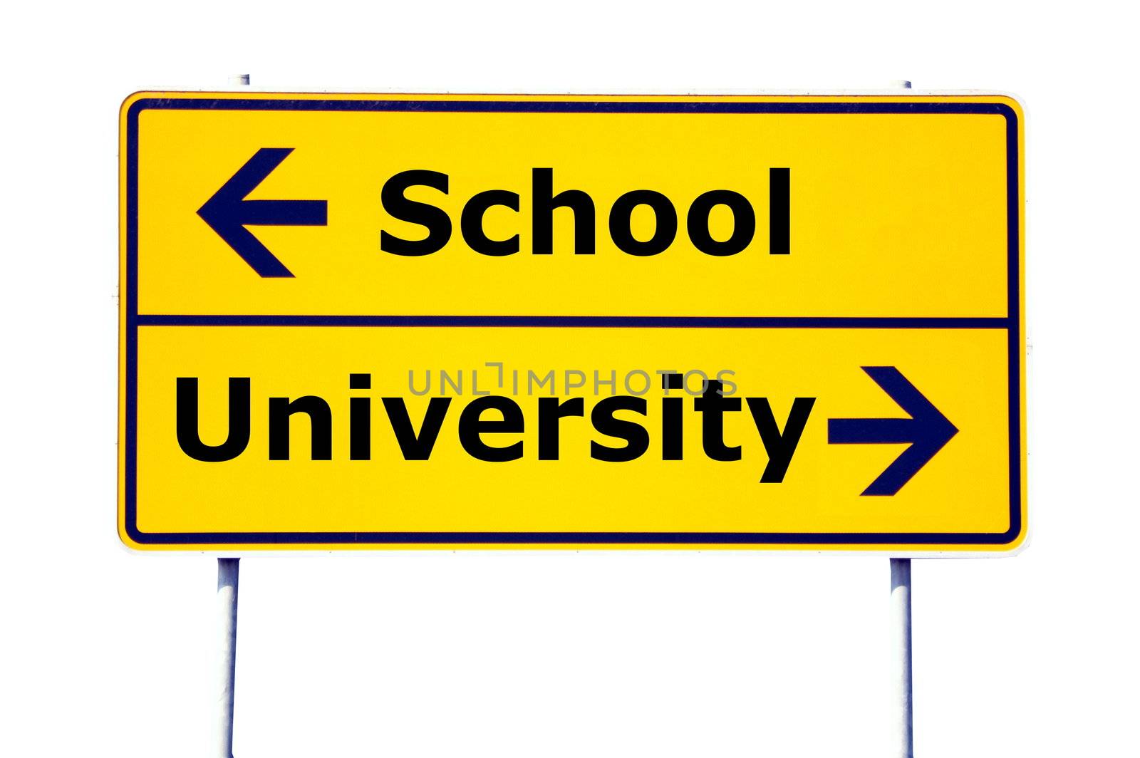 school and university education concept with yellow road sign