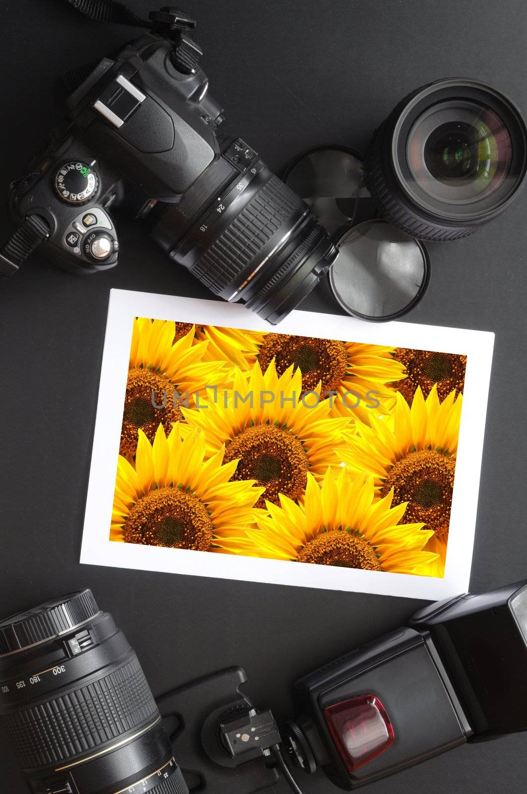 camera and lense on black showing photographer still life