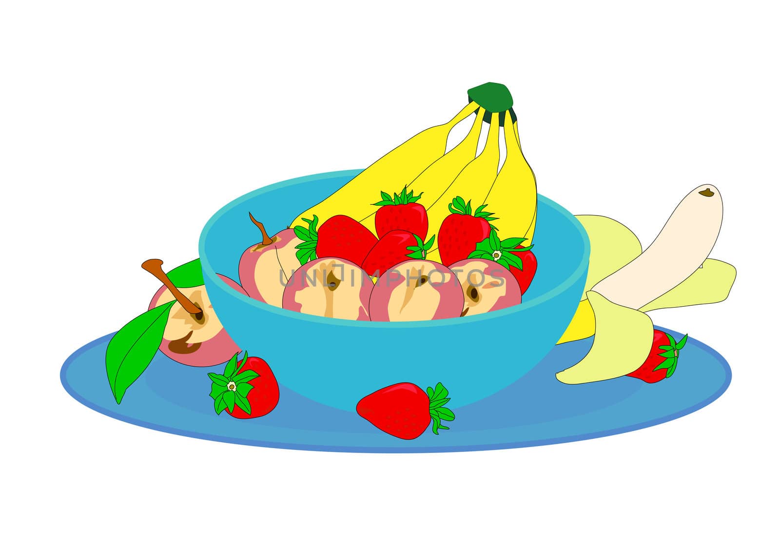 Hand drawn illustration of a blue bowl and platter full of ripe fruit.