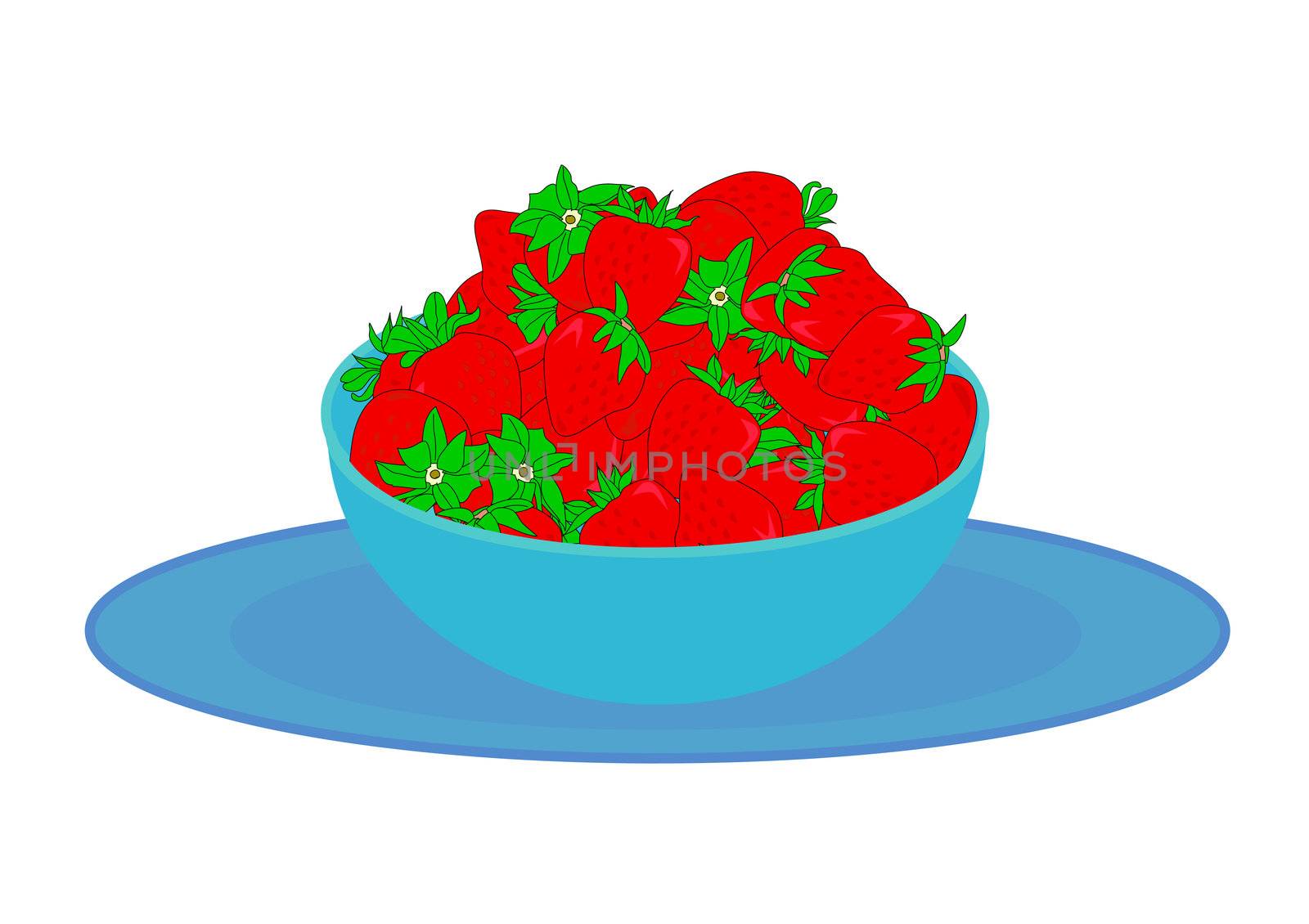 Illustration of a large serving of red ripe strawberries with green tops in a blue bowl.