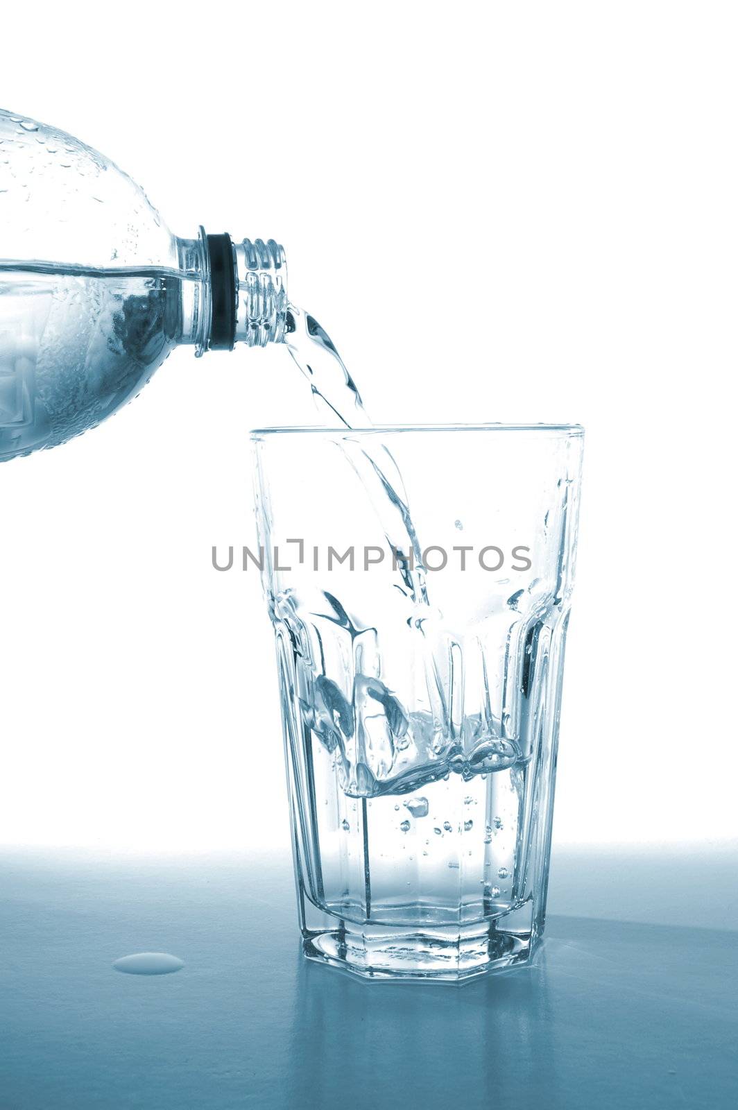 glass of water and bottle with copyspace