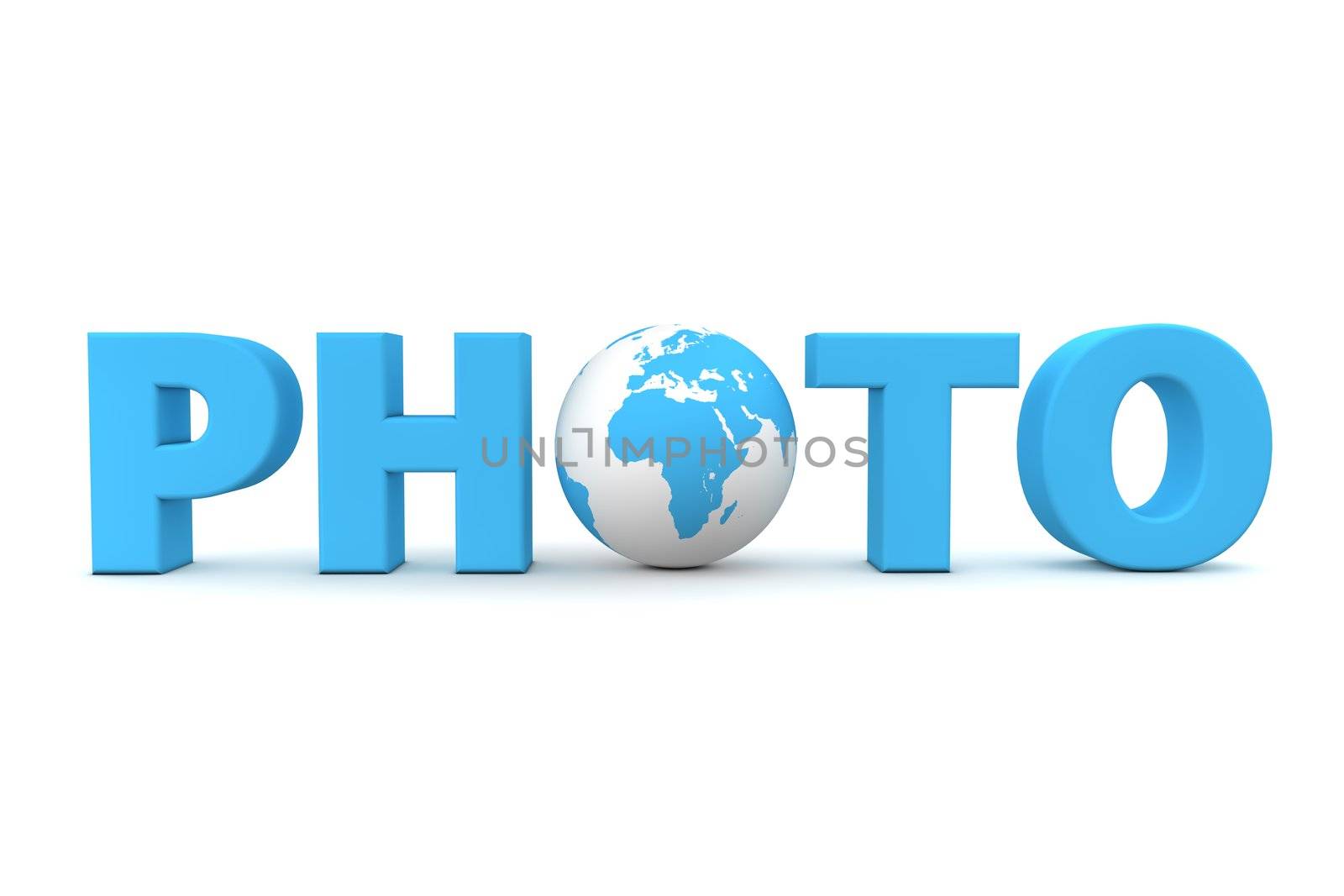 blue word Photo with 3D globe replacing letter O