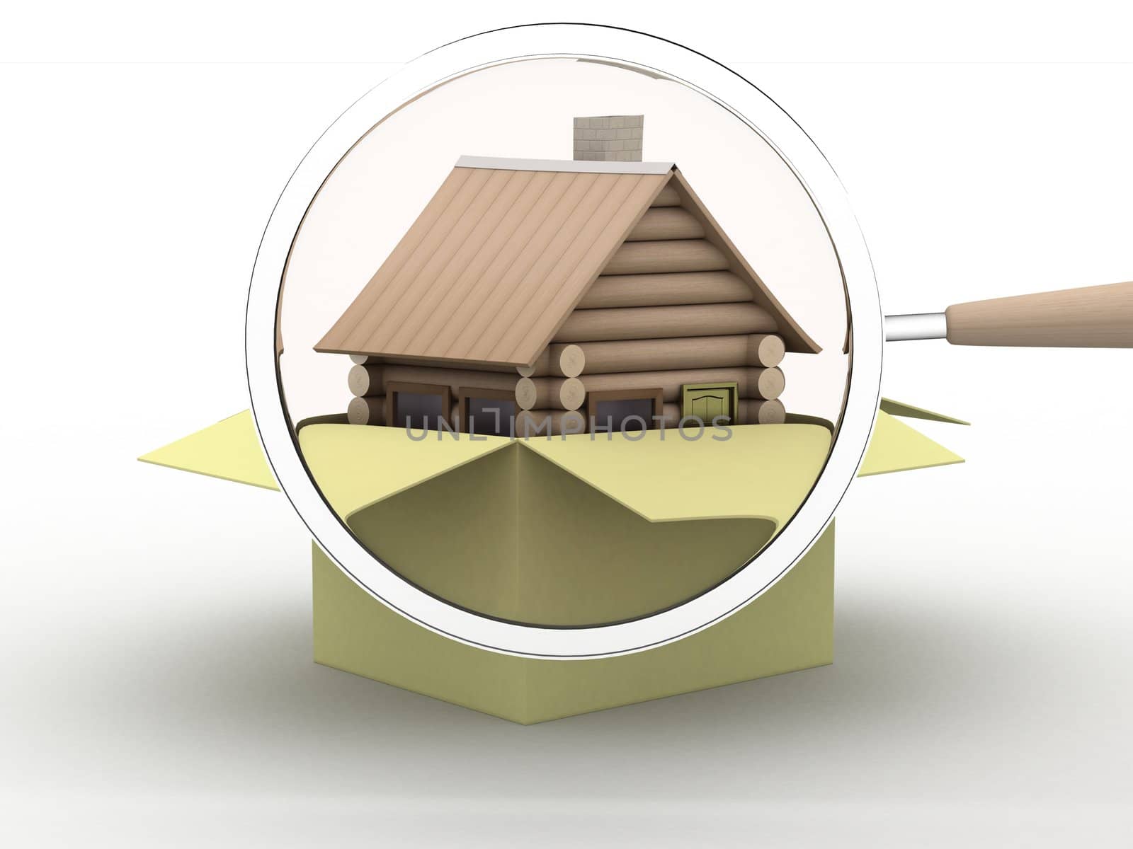 Wooden small house in a box. 3D image.