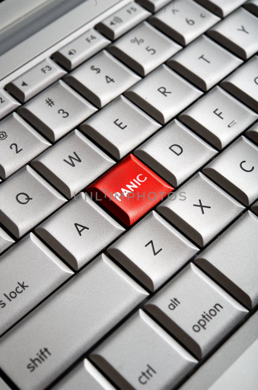 Close-up image of a red panic button on a traditional computer keyboard