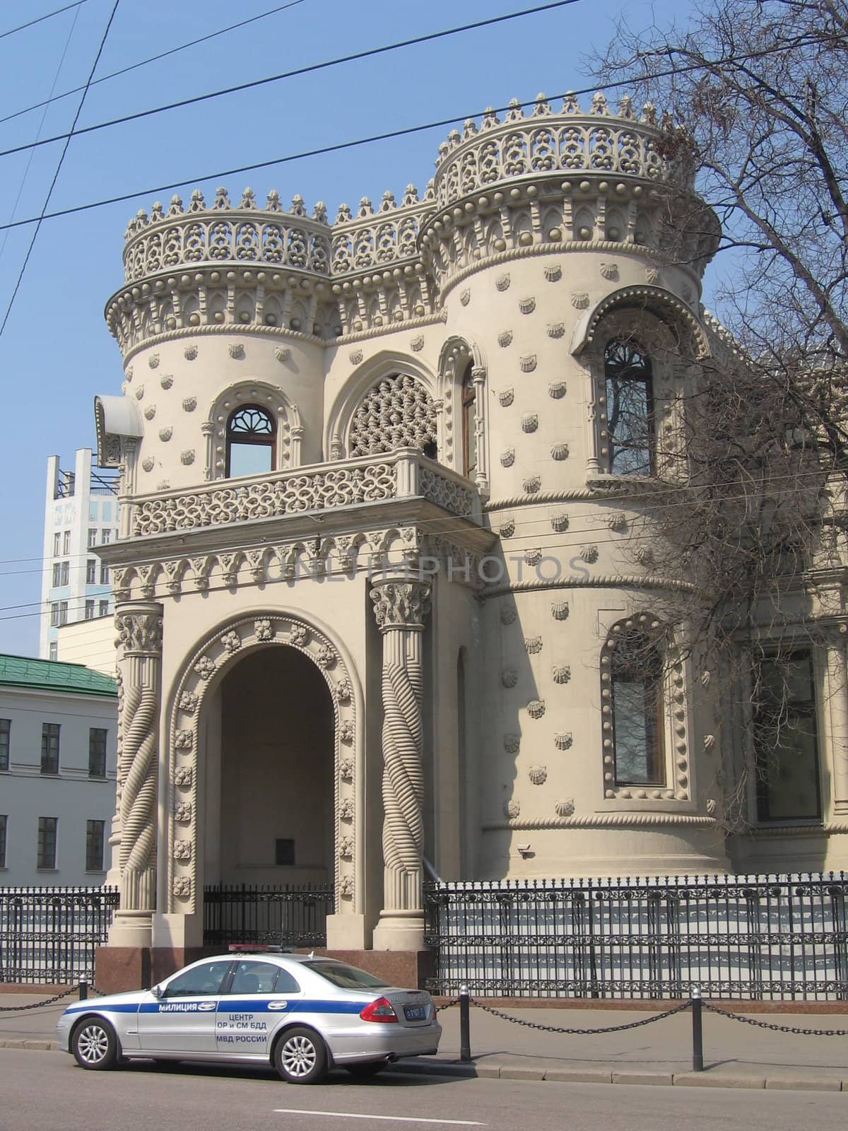 Very beautiful house with towers in Moscow at spring day