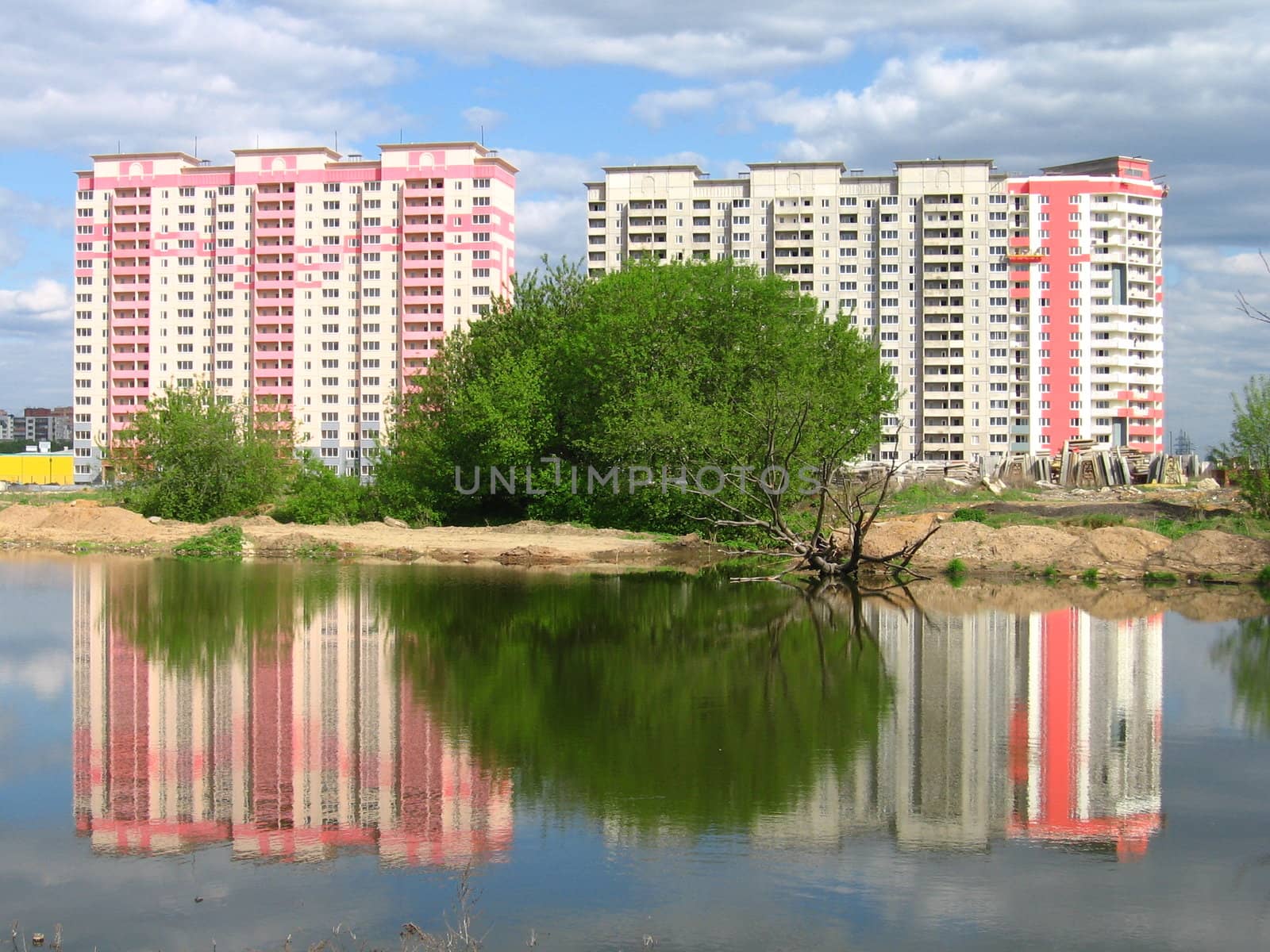 Very beautiful urban houses reflection in water